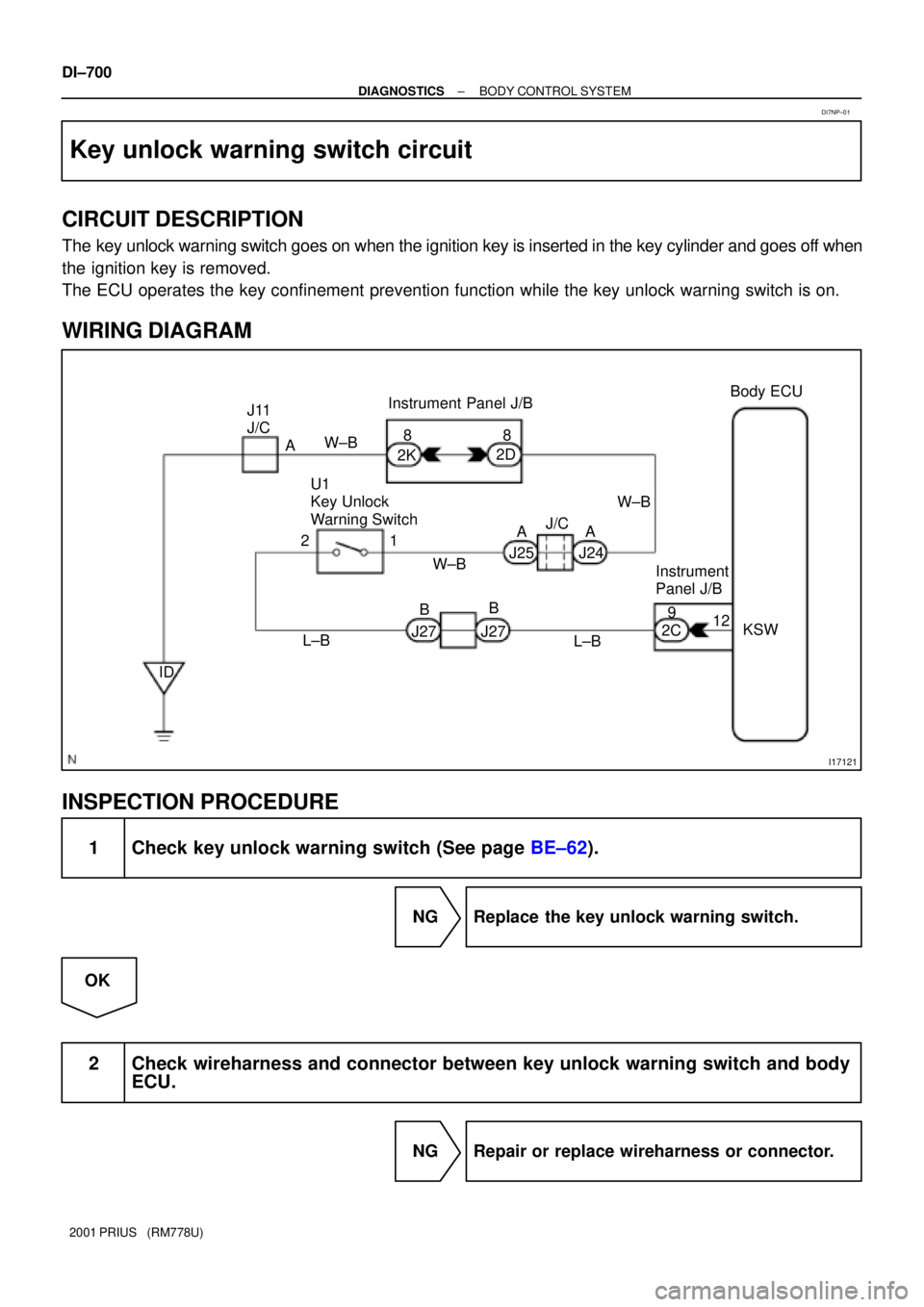 TOYOTA PRIUS 2001  Service Repair Manual I17121
8 8
1 2
9 B
BW±B W±B
L±B
L±B 2D
2K
J24 AA
J25 U1 
Key Unlock 
Warning Switch J11 
J/C
J27 J272C Instrument 
Panel J/B
IDJ/C A
12
KSW W±B Instrument Panel J/BBody ECU
DI±700
± DIAGNOSTICS