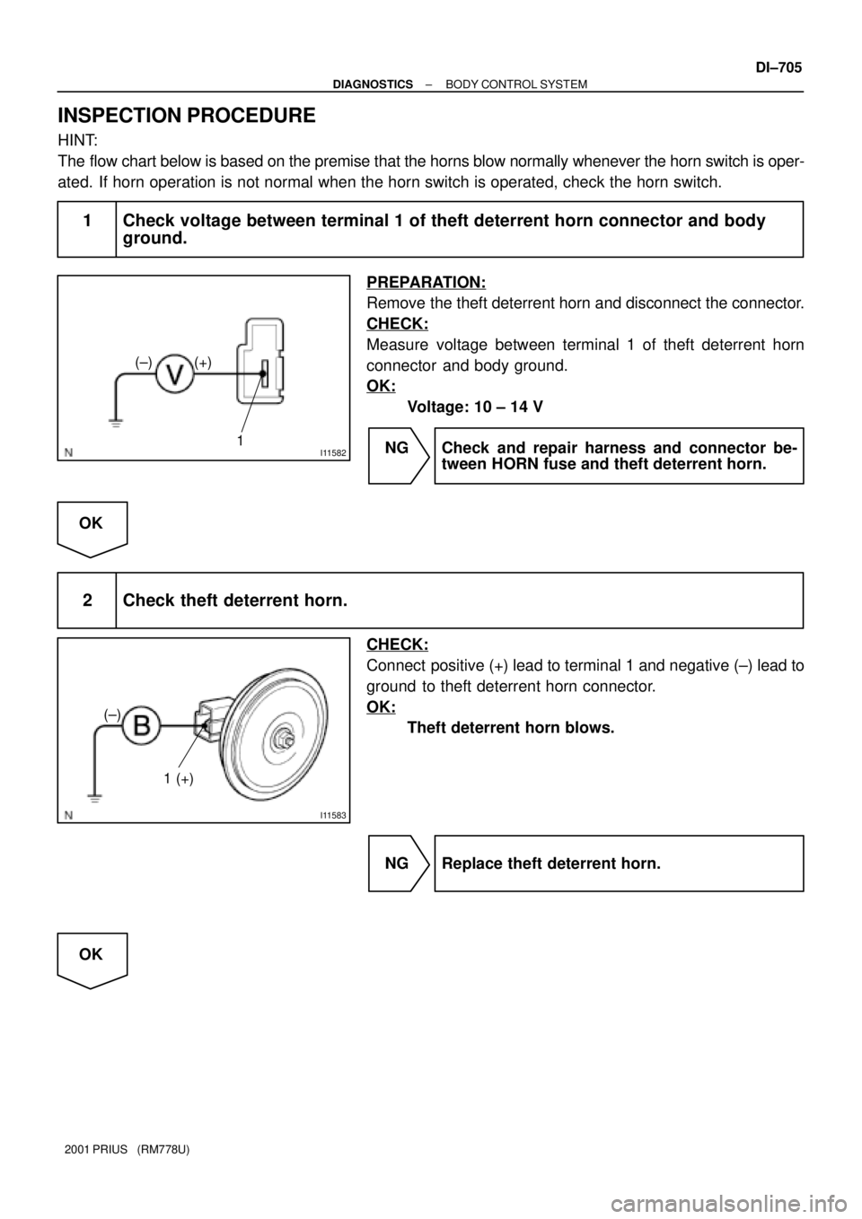 TOYOTA PRIUS 2001  Service Repair Manual I11582
(±) (+)
1
I11583
(±)
1 (+)
± DIAGNOSTICSBODY CONTROL SYSTEM
DI±705
2001 PRIUS   (RM778U)
INSPECTION PROCEDURE
HINT:
The flow chart below is based on the premise that the horns blow normally
