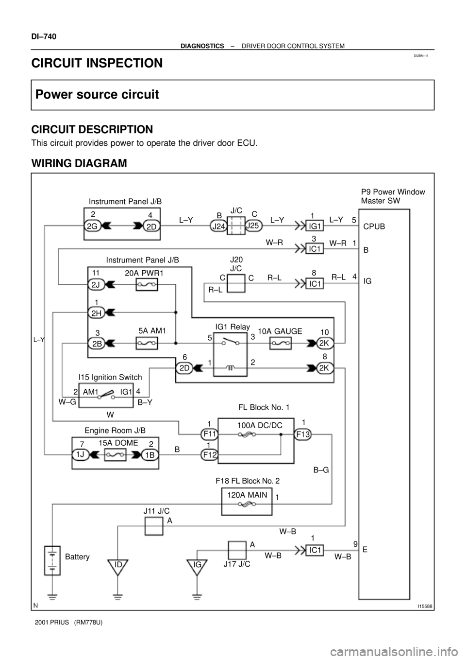 TOYOTA PRIUS 2001  Service Repair Manual DI2BM±11
I15588
P9 Power Window 
Master SW
Instrument Panel J/B
J20
J/C5
1
IG CPUB
B L±Y 1
IG1
C4 W±R
R±L 3
IC1
8
IC1 L±Y L±YC
J25 B
J24 4
2D 2
2G
W±R
R±L
C
R±L 20A PWR1
5A AM1
I15 Ignition S