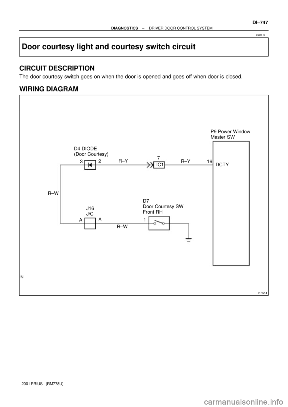 TOYOTA PRIUS 2001  Service Repair Manual I15514
DCTY
D7
Door Courtesy SW
Front RHIC17P9 Power Window 
Master SW
R±Y
2
J16
J/C 3 D4 DIODE
(Door Courtesy)
R±W
AA
R±W16 R±Y
1
± DIAGNOSTICSDRIVER DOOR CONTROL SYSTEM
DI±747
2001 PRIUS   (RM