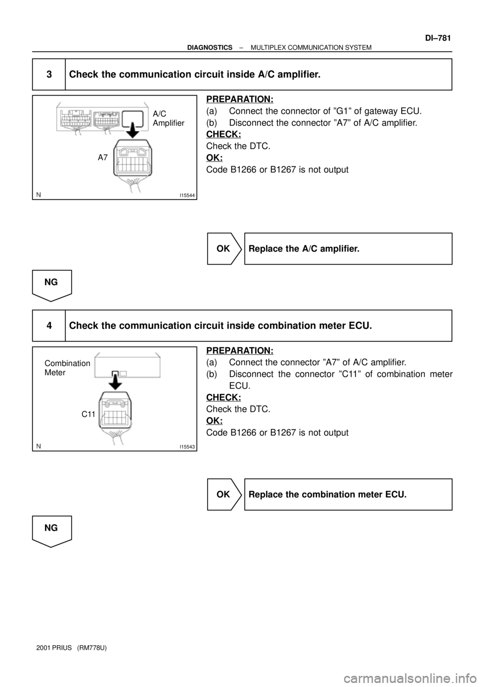 TOYOTA PRIUS 2001  Service Repair Manual I15544
A/C
Amplifier
A7
I15543
Combination
Meter
C11
± DIAGNOSTICSMULTIPLEX COMMUNICATION SYSTEM
DI±781
2001 PRIUS   (RM778U)
3 Check the communication circuit inside A/C amplifier.
PREPARATION:
(a)