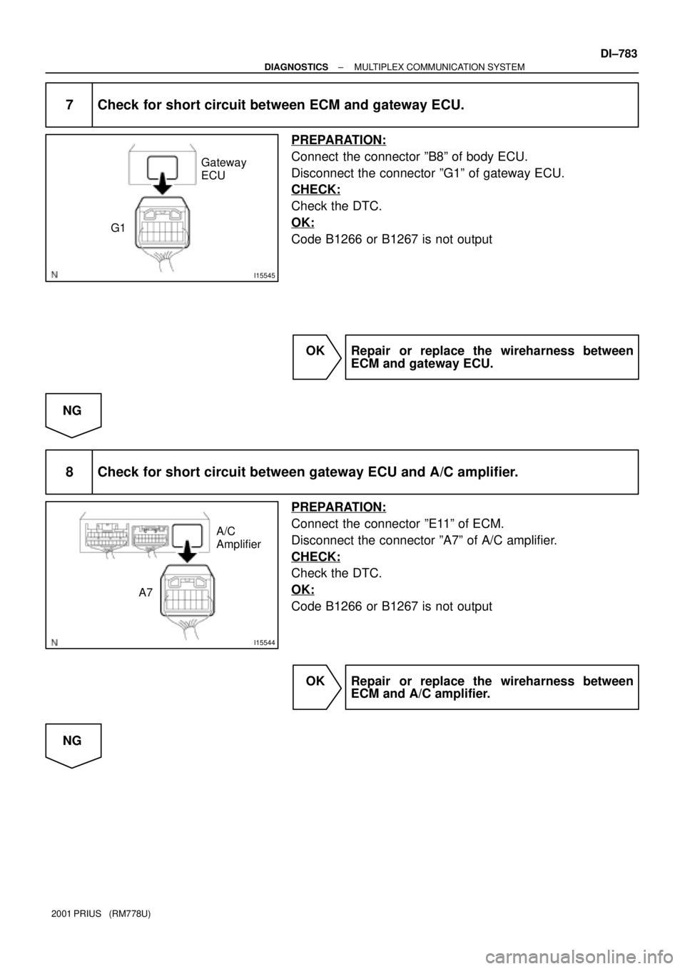 TOYOTA PRIUS 2001  Service Repair Manual I15545
Gateway 
ECU
G1
I15544
A/C
Amplifier
A7
± DIAGNOSTICSMULTIPLEX COMMUNICATION SYSTEM
DI±783
2001 PRIUS   (RM778U)
7 Check for short circuit between ECM and gateway ECU.
PREPARATION:
Connect  t