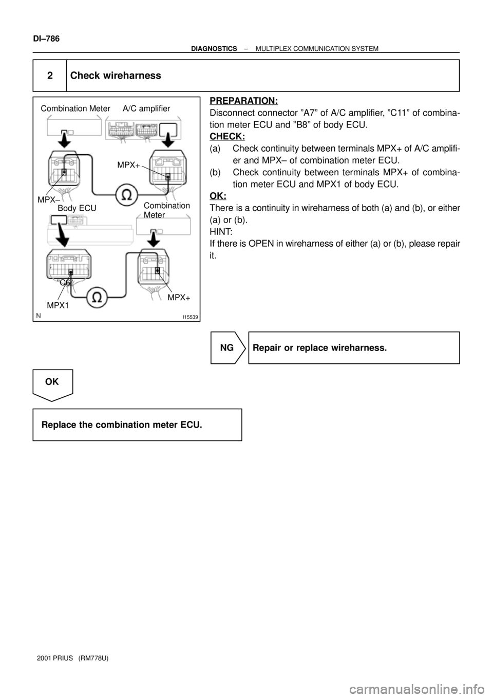 TOYOTA PRIUS 2001  Service Repair Manual I15539
Combination Meter A/C amplifier
ºC6º
MPX1MPX+ Combination 
Meter Body ECU
MPX+
MPX±
DI±786
± DIAGNOSTICSMULTIPLEX COMMUNICATION SYSTEM
2001 PRIUS   (RM778U)
2 Check wireharness
PREPARATION