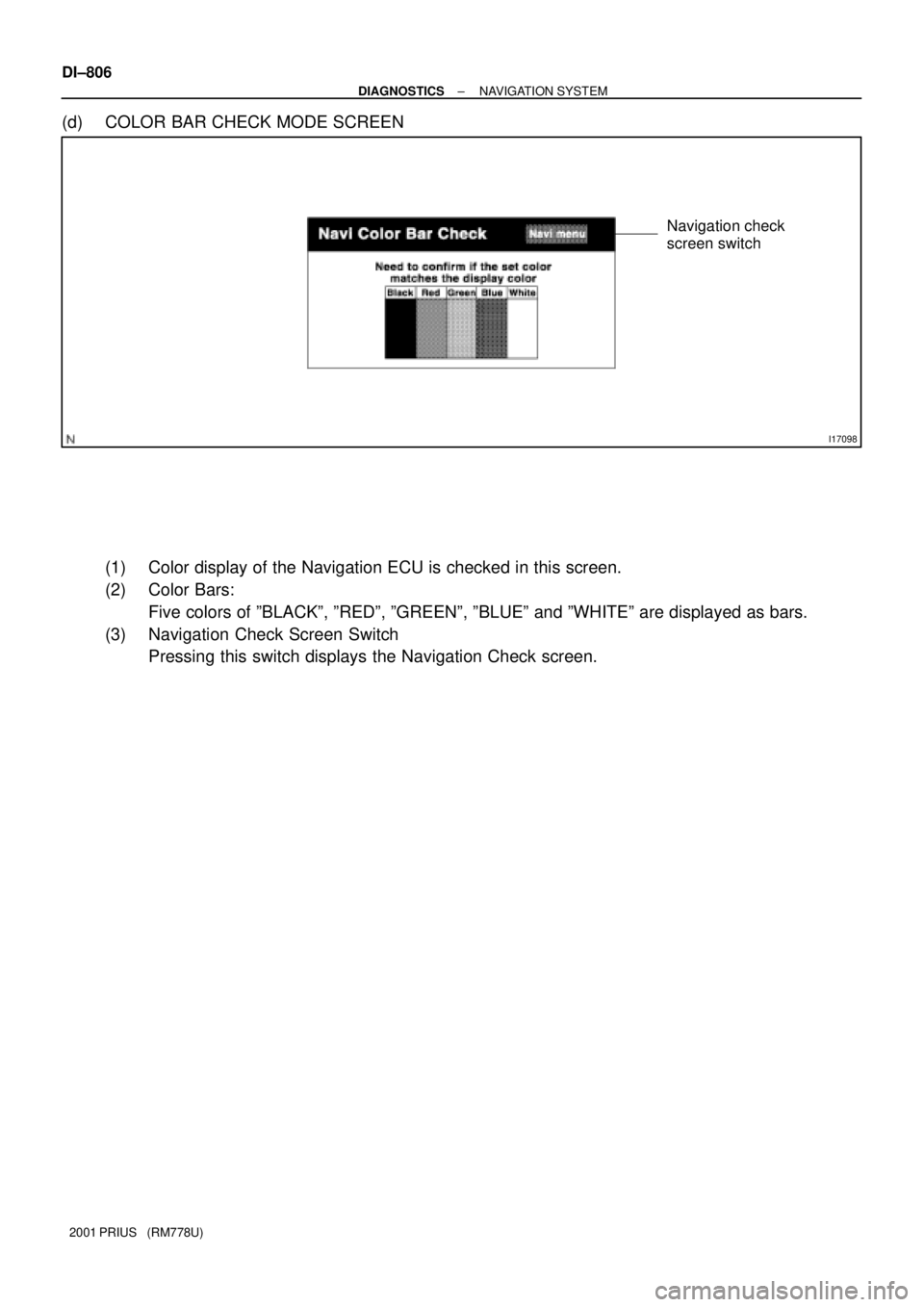 TOYOTA PRIUS 2001  Service Repair Manual I17098
Navigation check 
screen switch
DI±806
± DIAGNOSTICSNAVIGATION SYSTEM
2001 PRIUS   (RM778U)
(d) COLOR BAR CHECK MODE SCREEN
(1) Color display of the Navigation ECU is checked in this screen.
