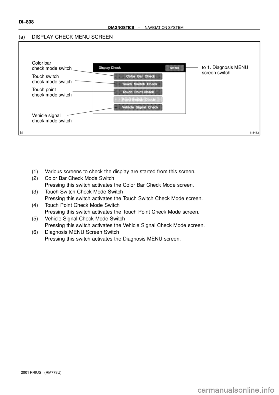 TOYOTA PRIUS 2001  Service Repair Manual I15453
to 1. Diagnosis MENU 
screen switch Color bar
check mode switch
Touch switch
check mode switch
Touch point
check mode switch
Vehicle signal
check mode switch
DI±808
± DIAGNOSTICSNAVIGATION SY