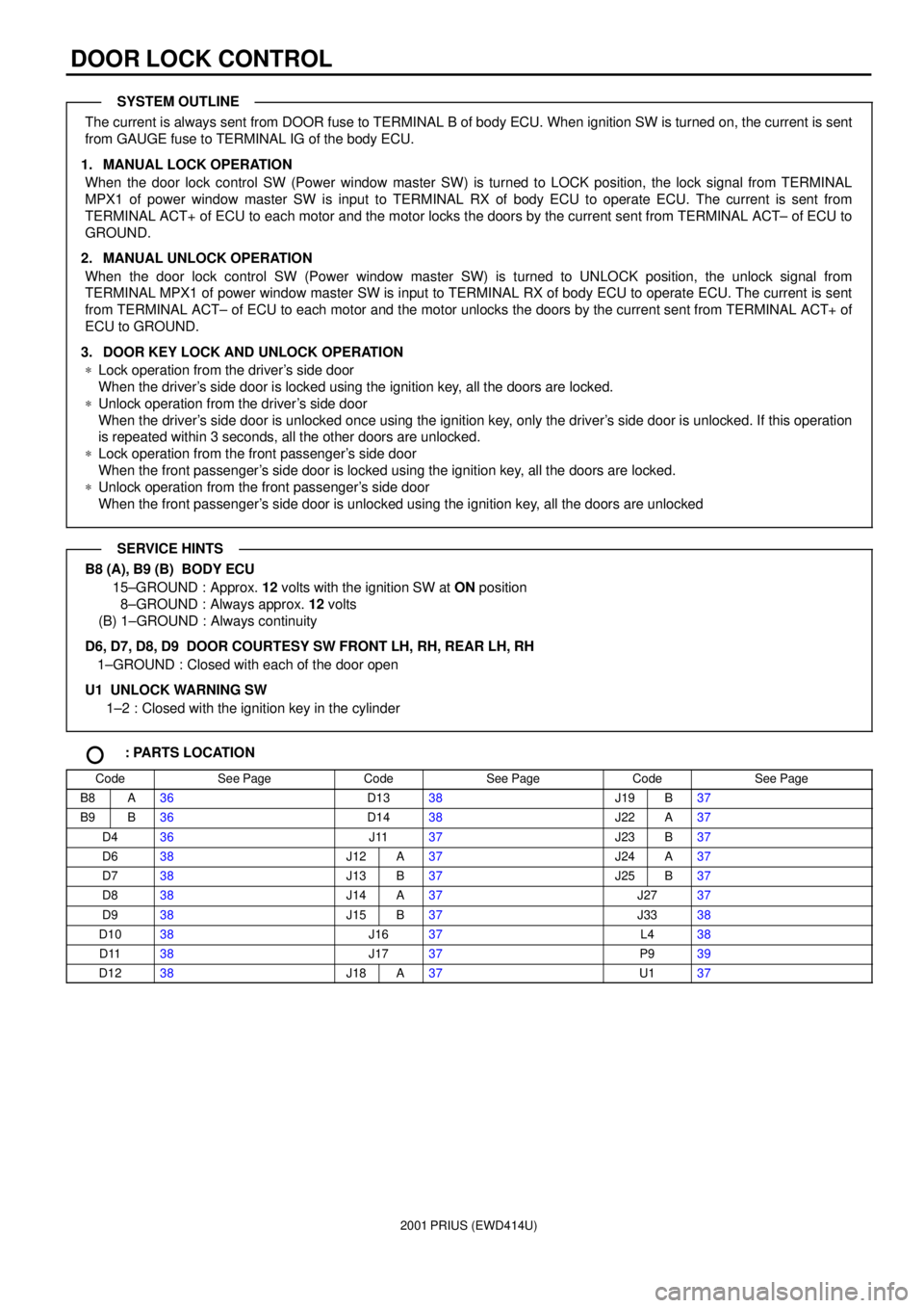 TOYOTA PRIUS 2001  Service Repair Manual 2001 PRIUS (EWD414U)
DOOR LOCK CONTROL
The current is always sent from DOOR fuse to TERMINAL B of body ECU. When ignition SW is turned on, the current is sent
from GAUGE fuse to TERMINAL IG of the bod