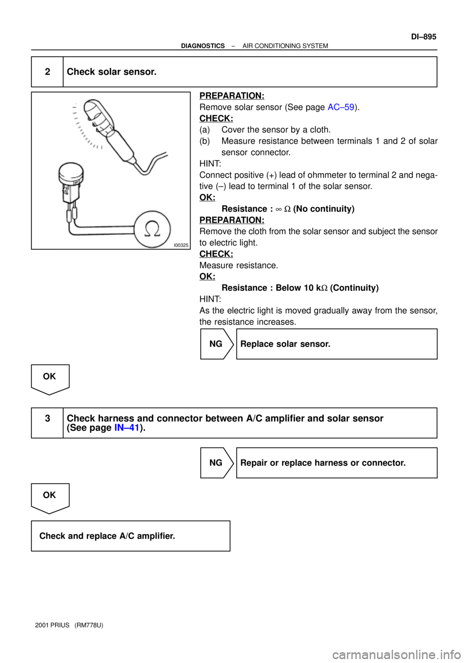 TOYOTA PRIUS 2001  Service Repair Manual I00325
± DIAGNOSTICSAIR CONDITIONING SYSTEM
DI±895
2001 PRIUS   (RM778U)
2 Check solar sensor.
PREPARATION:
Remove solar sensor (See page AC±59).
CHECK:
(a) Cover the sensor by a cloth.
(b) Measure