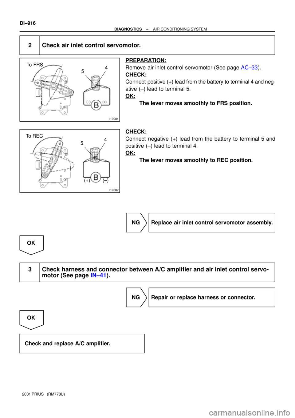 TOYOTA PRIUS 2001  Service Repair Manual I19081
To FRS
4
5
I19082
To REC
4
5
(+) (±)
DI±916
± DIAGNOSTICSAIR CONDITIONING SYSTEM
2001 PRIUS   (RM778U)
2 Check air inlet control servomotor.
PREPARATION:
Remove air inlet control servomotor 