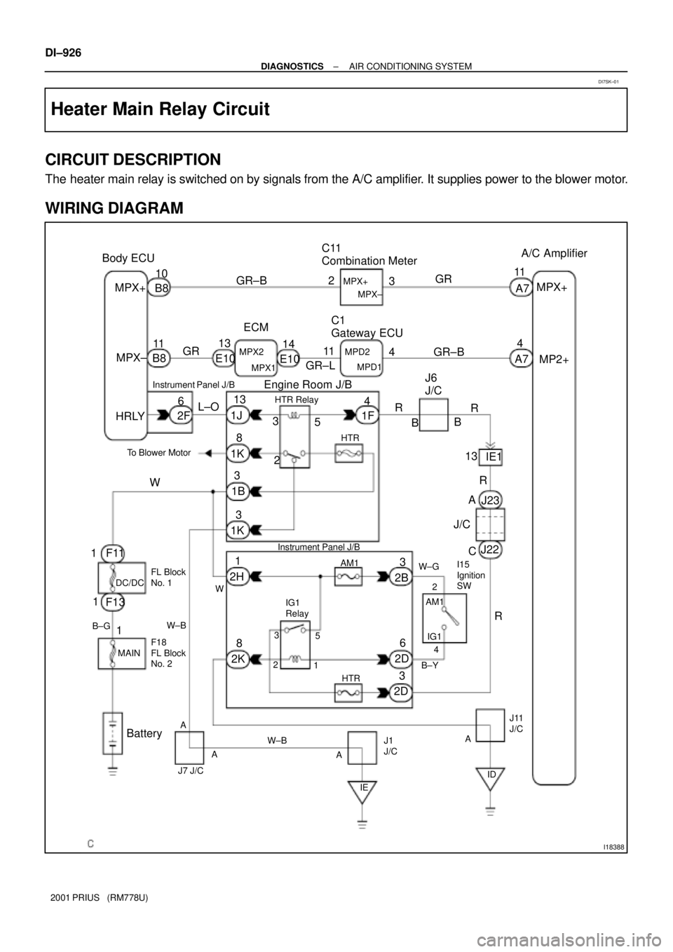 TOYOTA PRIUS 2001  Service Repair Manual I18388
A/C Amplifier
11
A7MPX+ GR
4
MPX+
BJ6
J/C
HTR Relay
J/C
Battery4
A7
MP2+ C11
Combination Meter
MPX±
11 GR±B
MPX1 MPX2
10
B8
14 13
11
B8 MPX+
MPX±
MPD2
MPD1
Instrument Panel J/B
HRLY6
2FL±O
