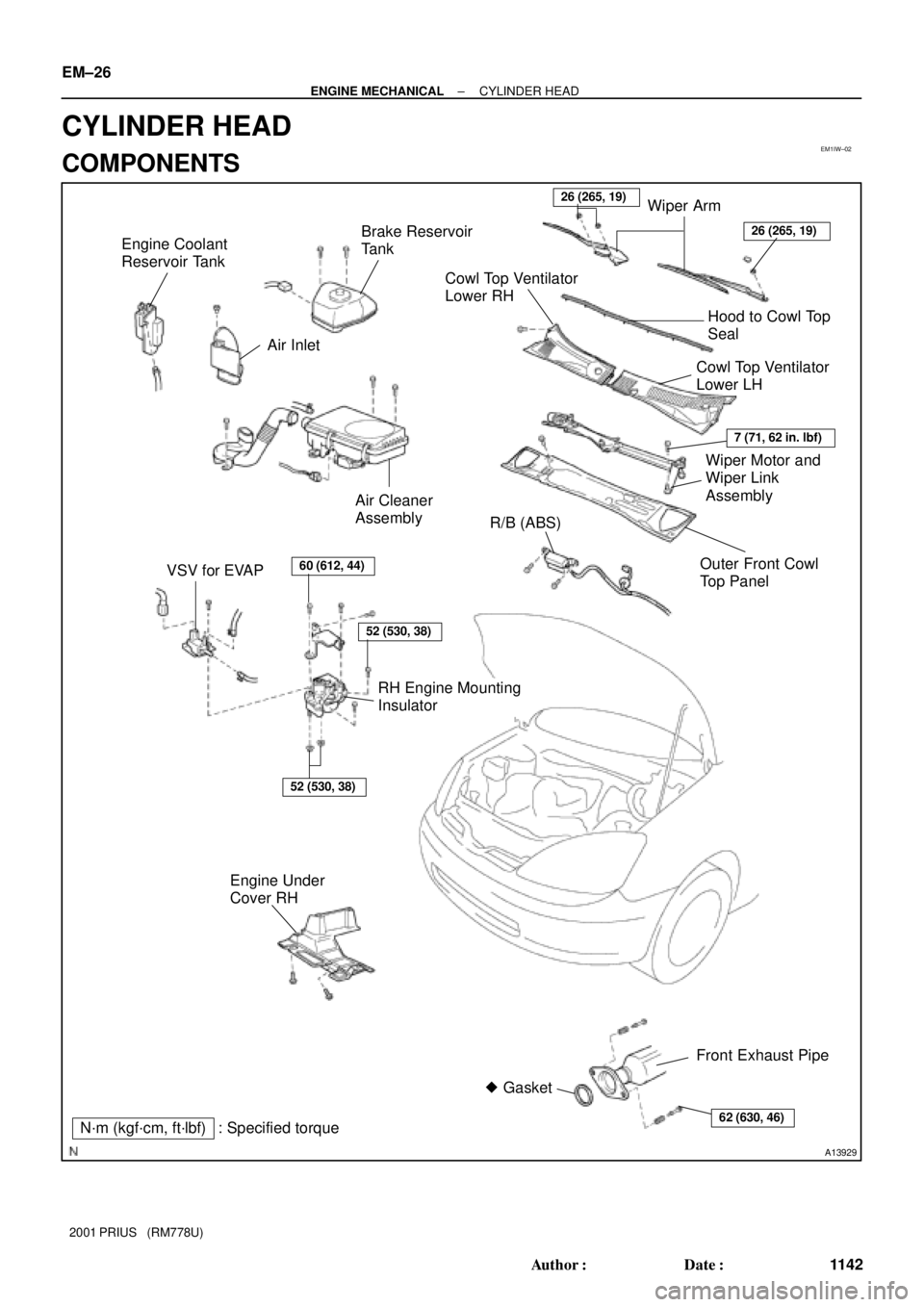 TOYOTA PRIUS 2001  Service Repair Manual EM1IW±02
A13929
N´m (kgf´cm, ft´lbf) Gasket
: Specified torque VSV for EVAPR/B (ABS) Air Cleaner 
Assembly
RH Engine Mounting
Insulator Engine Coolant 
Reservoir Tank
Engine Under 
Cover RHOuter 