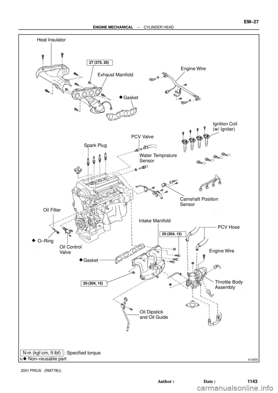 TOYOTA PRIUS 2001  Service Repair Manual A13930
N´m (kgf´cm, ft´lbf)
 Non±reusable part: Specified torque Heat Insulator
Exhaust Manifold
Ignition Coil
(w/ Igniter)
PCV Valve
Water Temprature 
Sensor
Camshaft Position 
Sensor
Engine Wir