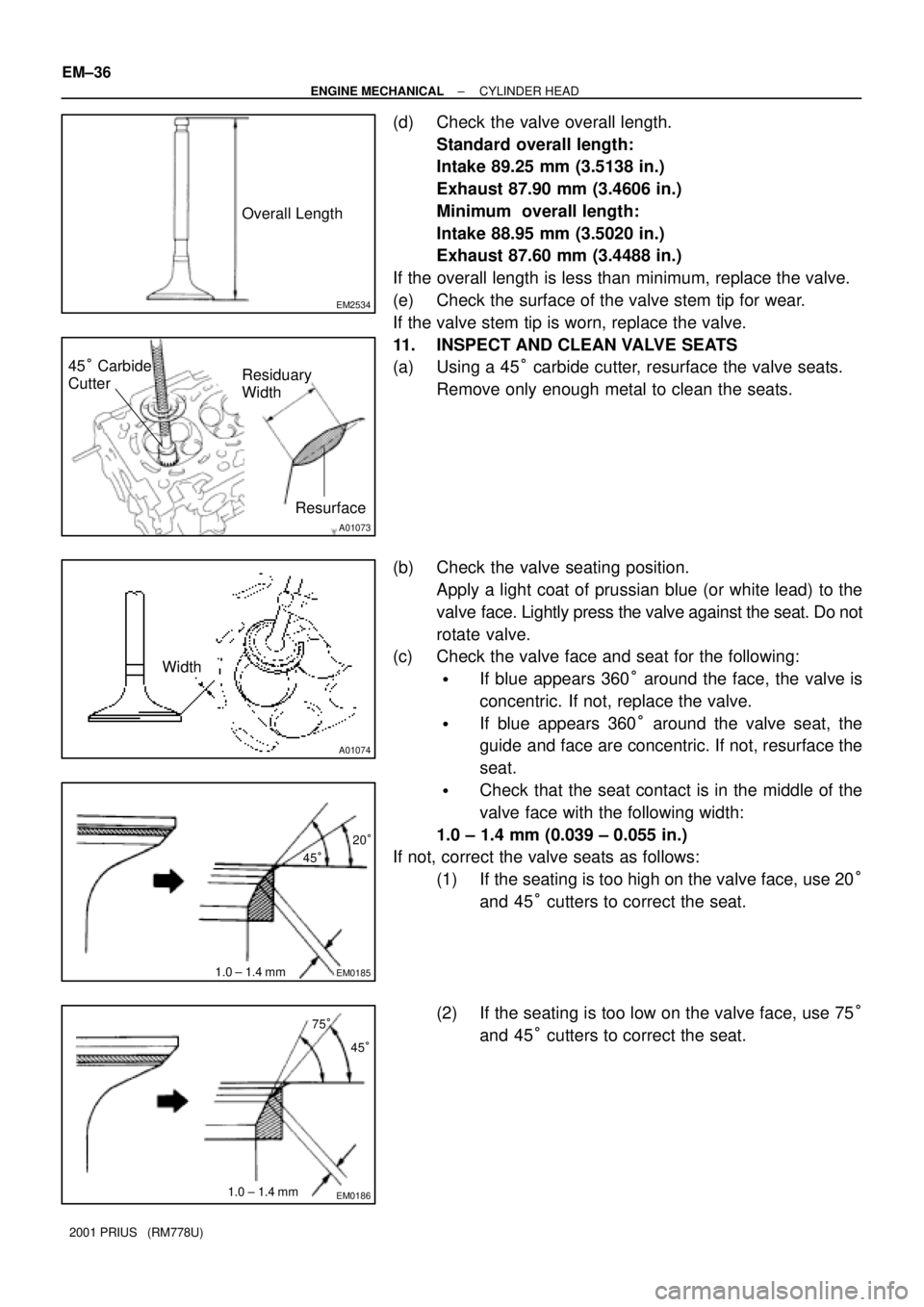 TOYOTA PRIUS 2001  Service Repair Manual EM2534
Overall Length
A01073
45° Carbide
CutterResiduary
Width
Resurface
A01074
Width
EM0185
45°20°
1.0 ± 1.4 mm
EM0186
75°
1.0 ± 1.4 mm45°
EM±36
± ENGINE MECHANICALCYLINDER HEAD
2001 PRIUS  