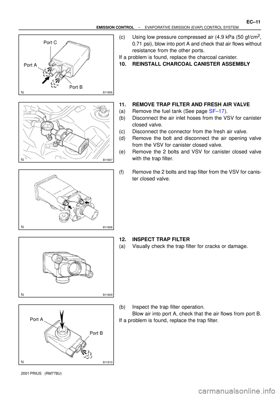TOYOTA PRIUS 2001  Service Repair Manual B11806
Port APort C
Port B
B11807
B11808
B11809
B11810
Port A
Port B
± EMISSION CONTROLEVAPORATIVE EMISSION (EVAP) CONTROL SYSTEM
EC±11
2001 PRIUS   (RM778U)
(c) Using low pressure compressed air (4