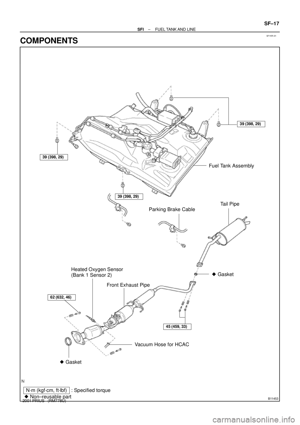 TOYOTA PRIUS 2001  Service Repair Manual SF1KR±01
B11453
N´m (kgf´cm, ft´lbf)
 Non±reusable part: Specified torque Gasket
Fuel Tank Assembly
Tail Pipe
39 (398, 29)
 Gasket
Front Exhaust Pipe
45 (459, 33)
39 (398, 29)
39 (398, 29)
Par