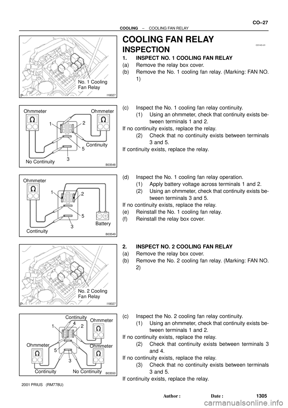 TOYOTA PRIUS 2001 Service Repair Manual I18027
No. 1 Cooling
Fan Relay
CO14D±01
B03548No ContinuityContinuity 12 Ohmmeter
5Ohmmeter
3
B03549
Ohmmeter
Continuity1
32
5
Battery
I18027
No. 2 Cooling
Fan Relay
B03550
Continuity
Ohmmeter
No C TOYOTA PRIUS 2001 Service Repair Manual I18027
No. 1 Cooling
Fan Relay
CO14D±01
B03548No ContinuityContinuity 12 Ohmmeter
5Ohmmeter
3
B03549
Ohmmeter
Continuity1
32
5
Battery
I18027
No. 2 Cooling
Fan Relay
B03550
Continuity
Ohmmeter
No C