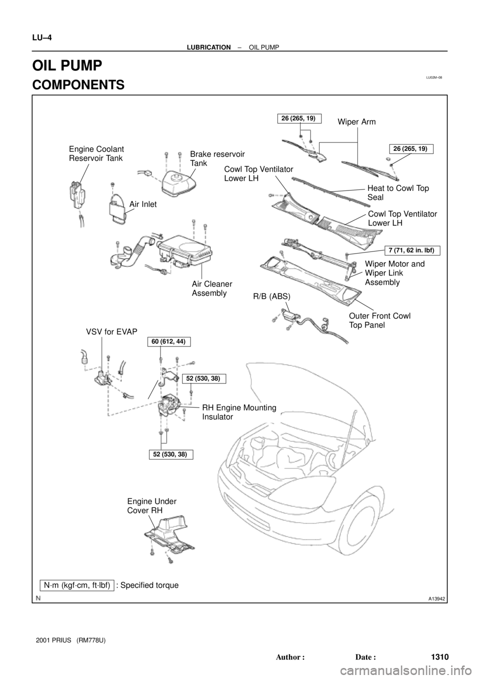 TOYOTA PRIUS 2001  Service Repair Manual LU02M±08
A13942
Wiper Arm
VSV for EVAPAir Cleaner 
Assembly
RH Engine Mounting
Insulator
Engine Under 
Cover RH
N´m (kgf´cm, ft´lbf) : Specified torqueOuter Front Cowl 
Top Panel
26 (265, 19)
52 (