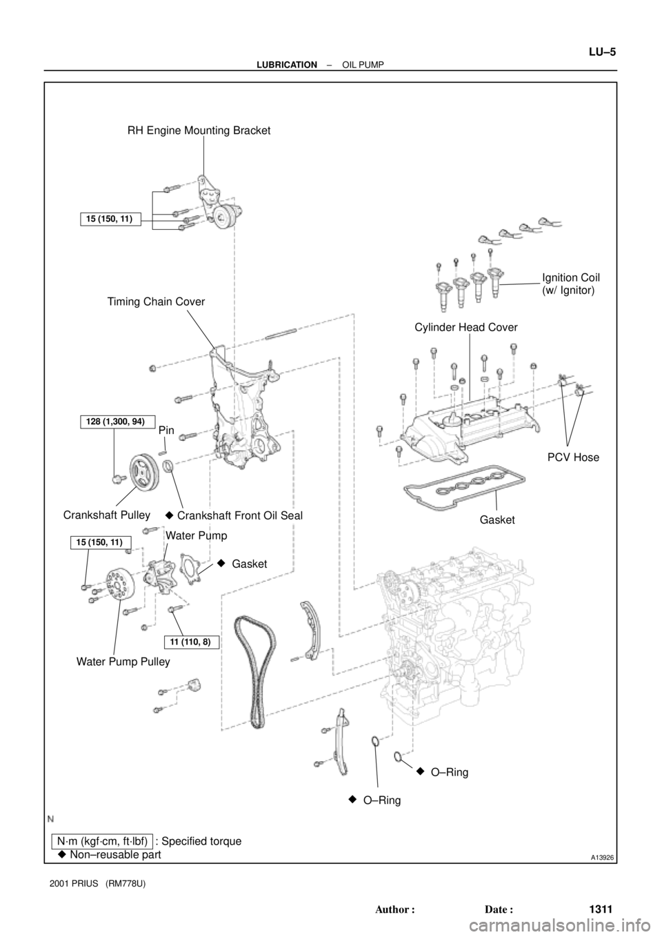 TOYOTA PRIUS 2001  Service Repair Manual A13926
RH Engine Mounting Bracket
Timing Chain Cover
Cylinder Head Cover
 Crankshaft Front Oil Seal
Gasket
Water Pump Crankshaft Pulley
PCV Hose
N´m (kgf´cm, ft´lbf) : Specified torque
 Non±reus