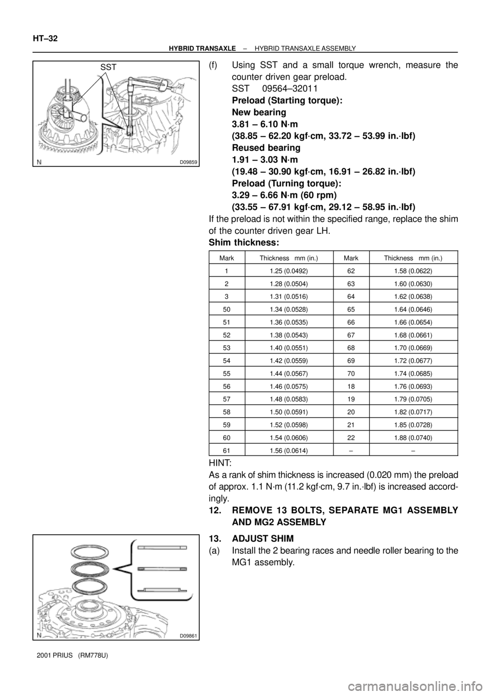 TOYOTA PRIUS 2001 Service Repair Manual D09859
SST
D09861
HT±32
± HYBRID TRANSAXLEHYBRID TRANSAXLE ASSEMBLY
2001 PRIUS (RM778U)
(f) Using SST and a small torque wrench, measure the
counter driven gear preload.
SST 09564±32011
Preload ( TOYOTA PRIUS 2001 Service Repair Manual D09859
SST
D09861
HT±32
± HYBRID TRANSAXLEHYBRID TRANSAXLE ASSEMBLY
2001 PRIUS (RM778U)
(f) Using SST and a small torque wrench, measure the
counter driven gear preload.
SST 09564±32011
Preload (