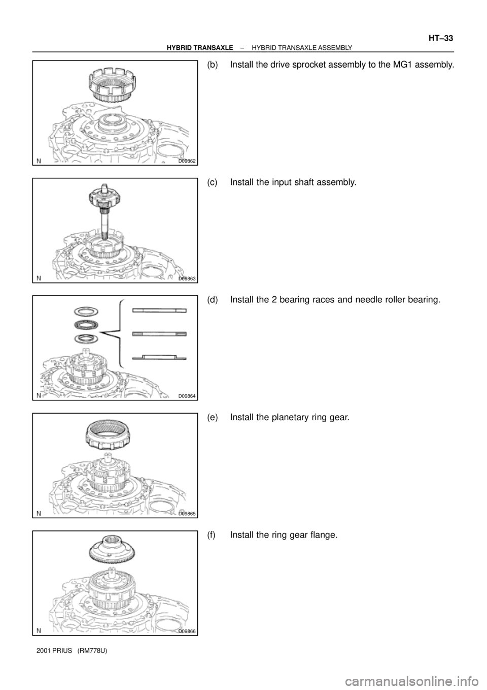 TOYOTA PRIUS 2001 Service Repair Manual D09862
D09863
D09864
D09865
D09866
± HYBRID TRANSAXLEHYBRID TRANSAXLE ASSEMBLY
HT±33
2001 PRIUS (RM778U)
(b) Install the drive sprocket assembly to the MG1 assembly.
(c) Install the input shaft as TOYOTA PRIUS 2001 Service Repair Manual D09862
D09863
D09864
D09865
D09866
± HYBRID TRANSAXLEHYBRID TRANSAXLE ASSEMBLY
HT±33
2001 PRIUS (RM778U)
(b) Install the drive sprocket assembly to the MG1 assembly.
(c) Install the input shaft as