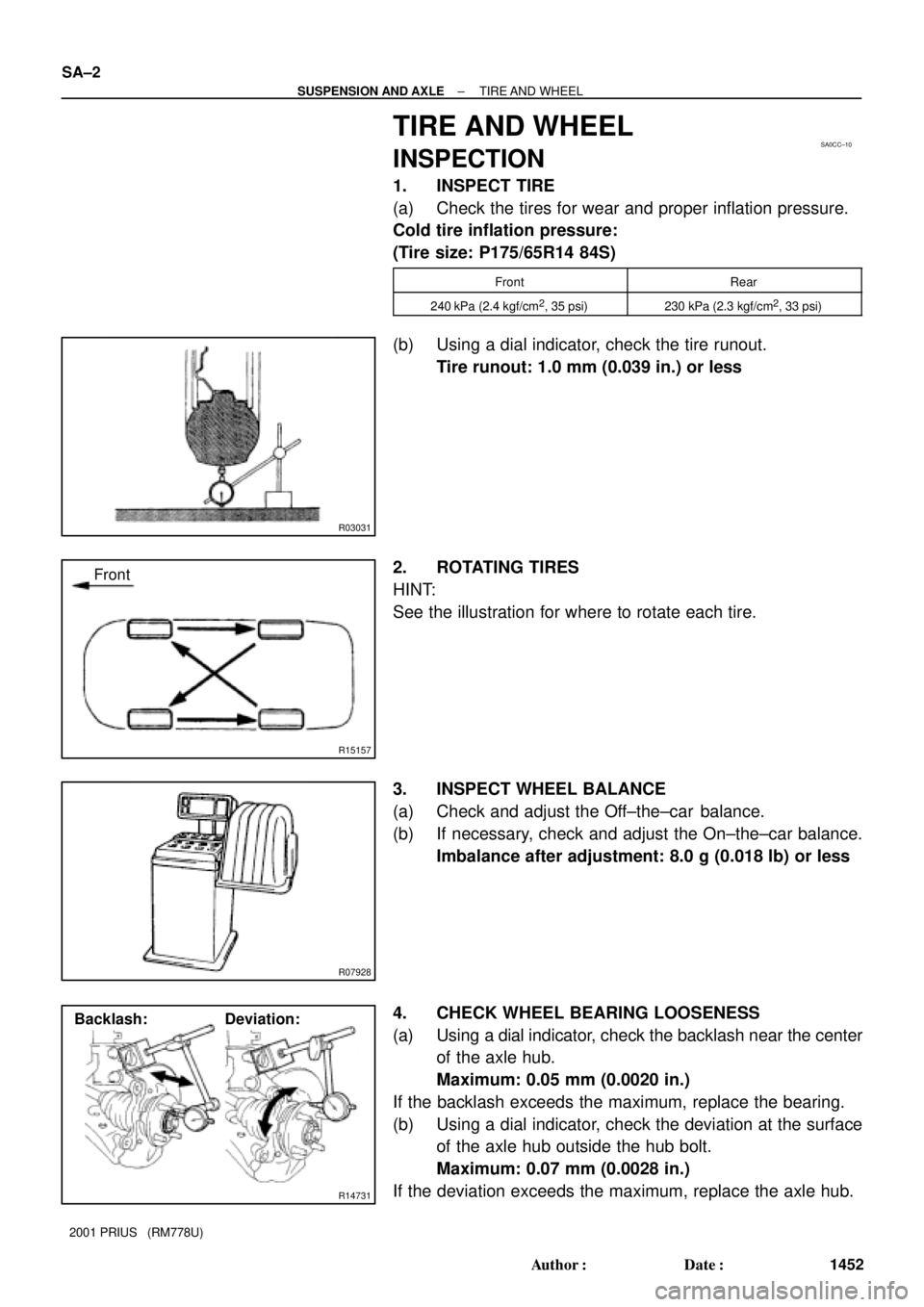 TOYOTA PRIUS 2001  Service Repair Manual SA0CC±10
R03031
R15157
Front
R07928
R14731
Backlash:Deviation: SA±2
± SUSPENSION AND AXLETIRE AND  WHEEL
1452 Author: Date:
2001 PRIUS   (RM778U)
TIRE AND WHEEL
INSPECTION
1. INSPECT TIRE
(a) Che