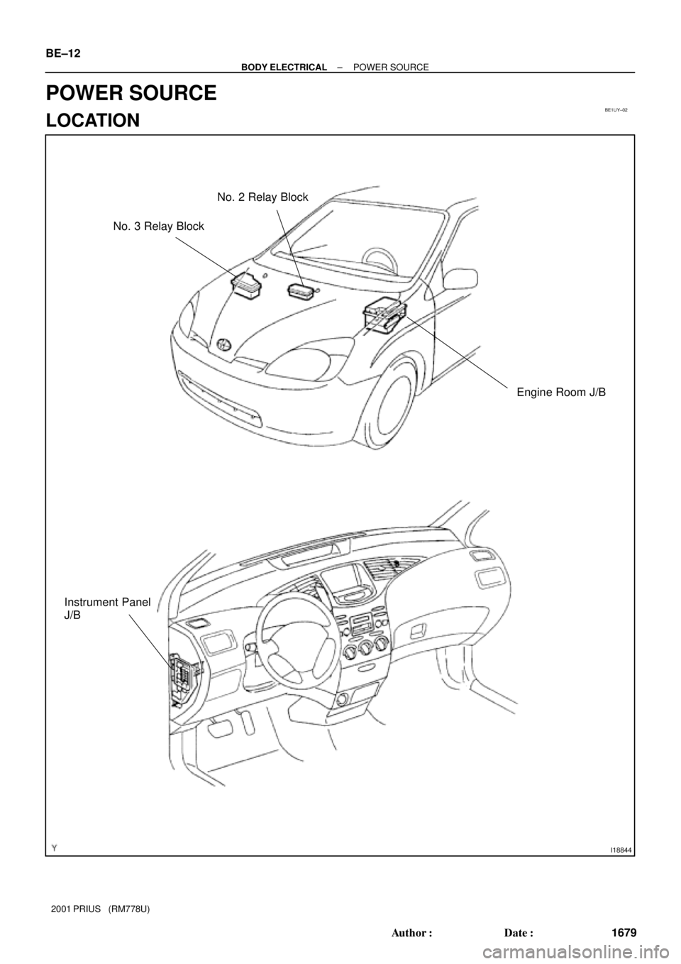 TOYOTA PRIUS 2001  Service Repair Manual BE1UY±02
I18844
Engine Room J/B No. 2 Relay Block
Instrument Panel 
J/B
No. 3 Relay Block BE±12
± BODY ELECTRICALPOWER SOURCE
1679 Author: Date:
2001 PRIUS   (RM778U)
POWER SOURCE
LOCATION 