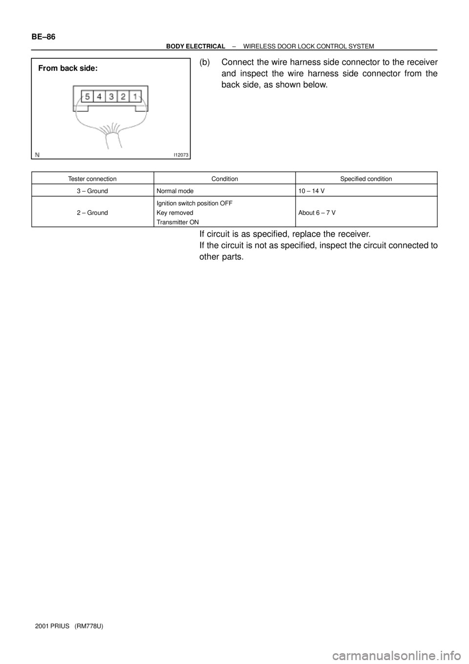 TOYOTA PRIUS 2001  Service Repair Manual I12073
From back side: BE±86
± BODY ELECTRICALWIRELESS DOOR LOCK CONTROL SYSTEM
2001 PRIUS   (RM778U)
(b) Connect  the wire harness side connector to the receiver
and inspect the wire harness side c