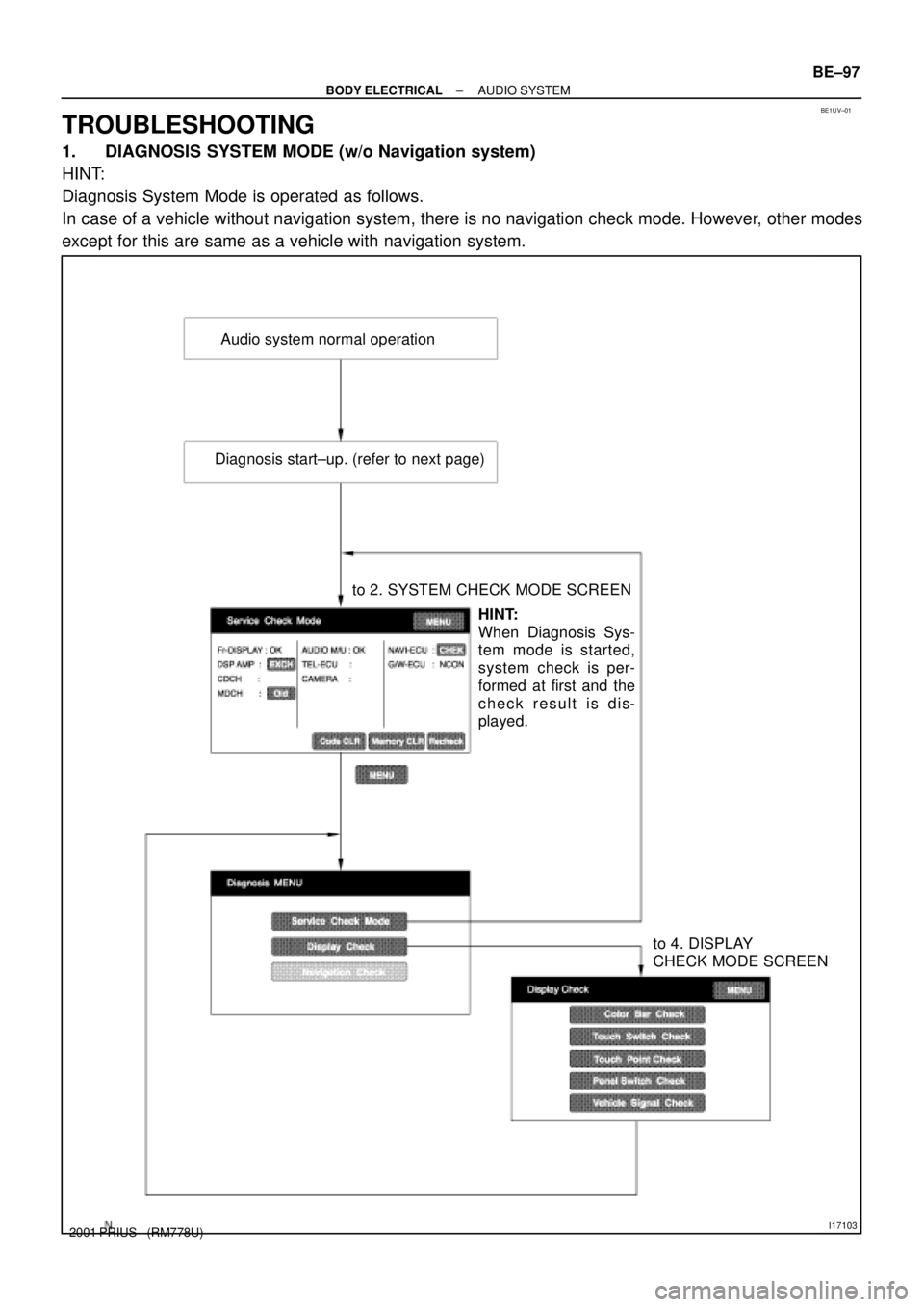 TOYOTA PRIUS 2001  Service Repair Manual BE1UV±01
I17103
Audio system normal operation
to 2. SYSTEM CHECK MODE SCREEN
to 4. DISPLAY 
CHECK MODE SCREEN Diagnosis start±up. (refer to next page)
HINT:
When Diagnosis Sys-
tem mode is started,
