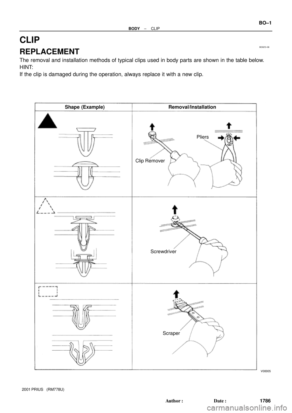 TOYOTA PRIUS 2001  Service Repair Manual BO0ZO±06
V00005
Shape (Example) Removal/Installation
Clip RemoverPliers
Screwdriver
Scraper
± BODYCLIP
BO±1
1786 Author: Date:
2001 PRIUS   (RM778U)
CLIP
REPLACEMENT
The removal and installation 