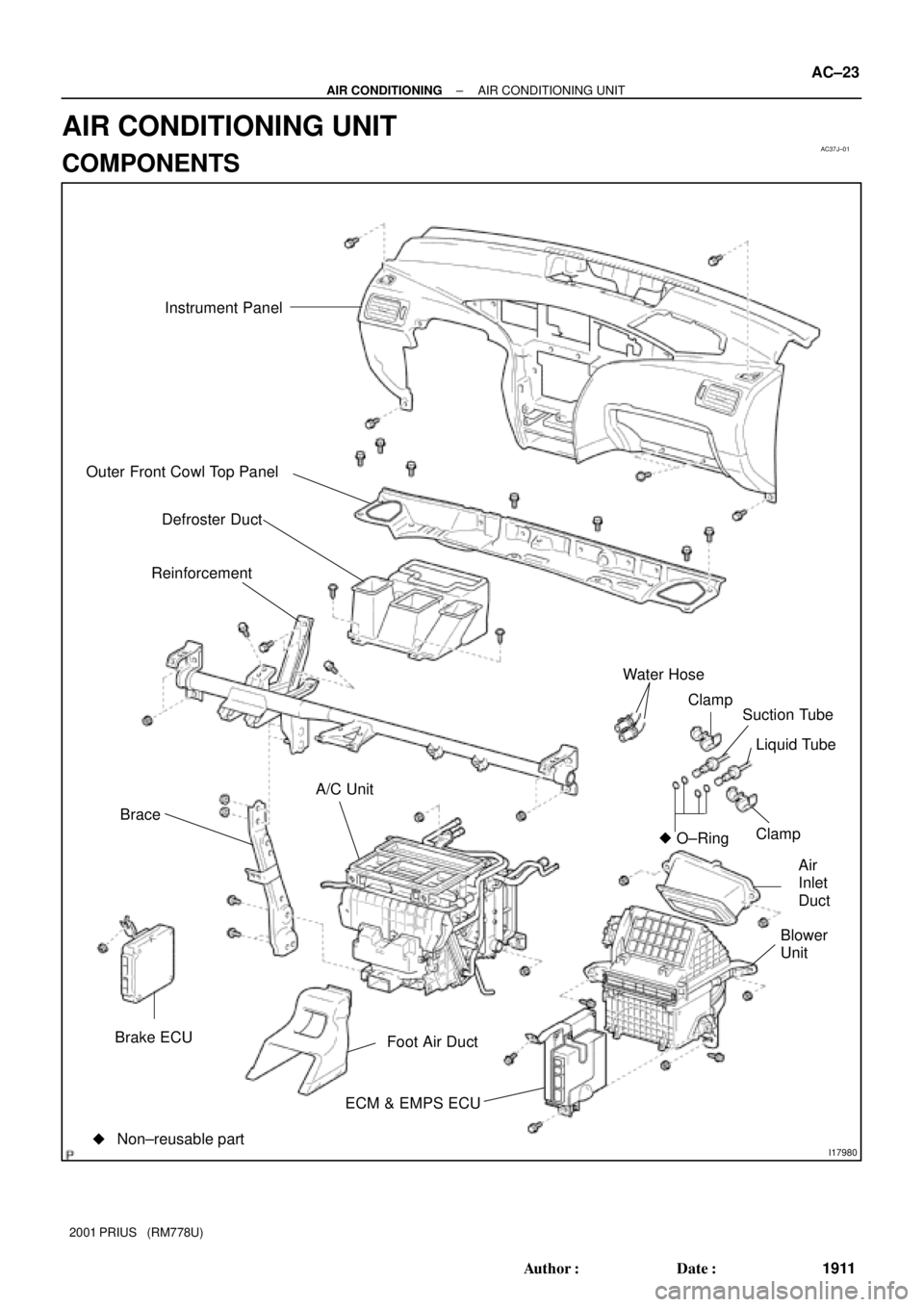 TOYOTA PRIUS 2001  Service Repair Manual AC37J±01
I17980
Instrument Panel
Outer Front Cowl Top Panel
Defroster Duct
Reinforcement
Brace
Brake ECU
ECM & EMPS ECUFoot Air DuctBlower
UnitAir
Inlet
Duct Clamp Liquid Tube Suction Tube Clamp Wate