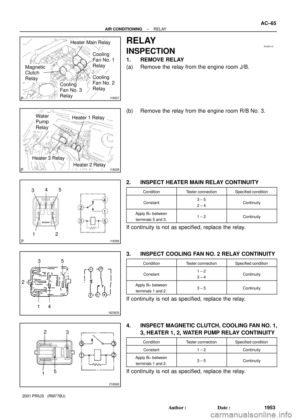 TOYOTA PRIUS 2001  Service Repair Manual I18027
Heater Main Relay
Magnetic 
Clutch 
Relay
Cooling 
Fan No. 3 
Relay
Cooling 
Fan No. 1 
Relay
Cooling 
Fan No. 2 
Relay
AC36O±01
I18028Heater 2 Relay
Heater 1 Relay
Heater 3 Relay
Water 
Pump 