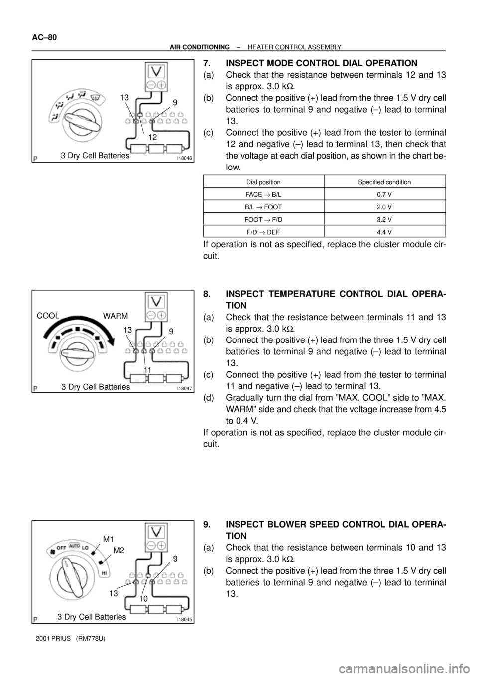 TOYOTA PRIUS 2001 Service Repair Manual I180463 Dry Cell Batteries9
12 13
I180473 Dry Cell Batteries9
11 13
COOL
WARM
I180453 Dry Cell Batteries9
10 13 M1
M2
AC±80
± AIR CONDITIONINGHEATER CONTROL ASSEMBLY
2001 PRIUS (RM778U)
7. INSPECT TOYOTA PRIUS 2001 Service Repair Manual I180463 Dry Cell Batteries9
12 13
I180473 Dry Cell Batteries9
11 13
COOL
WARM
I180453 Dry Cell Batteries9
10 13 M1
M2
AC±80
± AIR CONDITIONINGHEATER CONTROL ASSEMBLY
2001 PRIUS (RM778U)
7. INSPECT