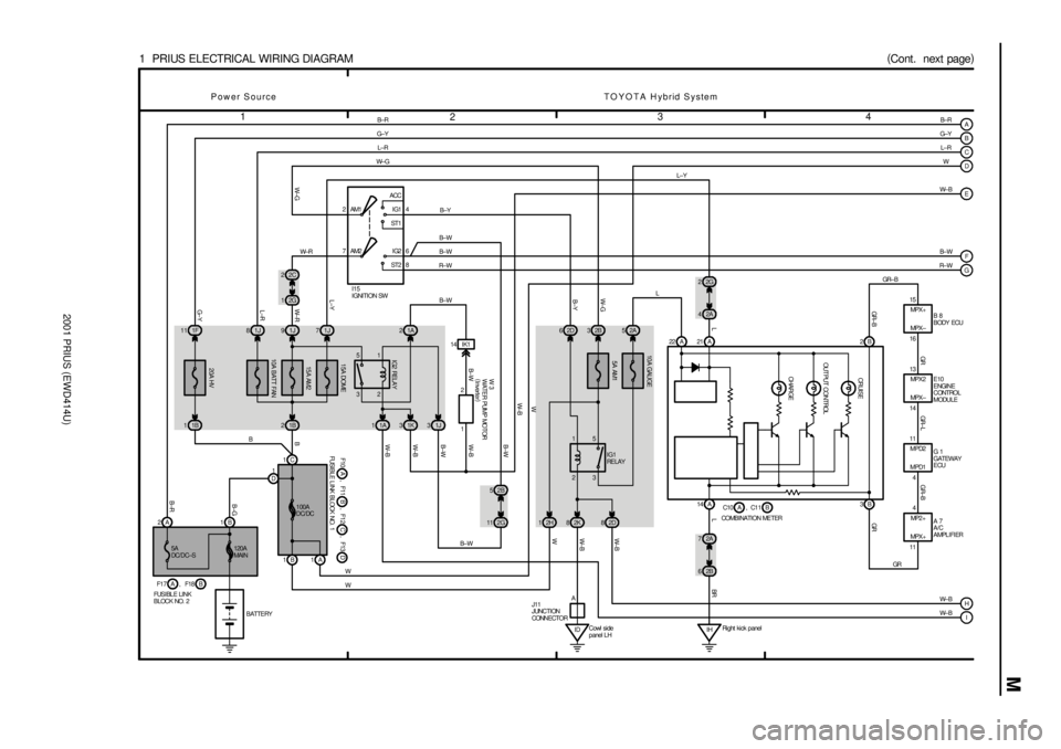 TOYOTA PRIUS 2001  Service Repair Manual 2001 PRIUS (EWD414U)
M
1
234
1  PRIUS ELECTRICAL WIRING DIAGRAM(
Cont.  next page)
1C1B 2 1J 82C 2
2G 1W± R
B±GW± R
BATTERY 120A
MAI N 5A
DC/ DC±S1B 2A1F 11
1B 11J 9
F1 7 F18, 
FUSI BL E LI NK
BLO