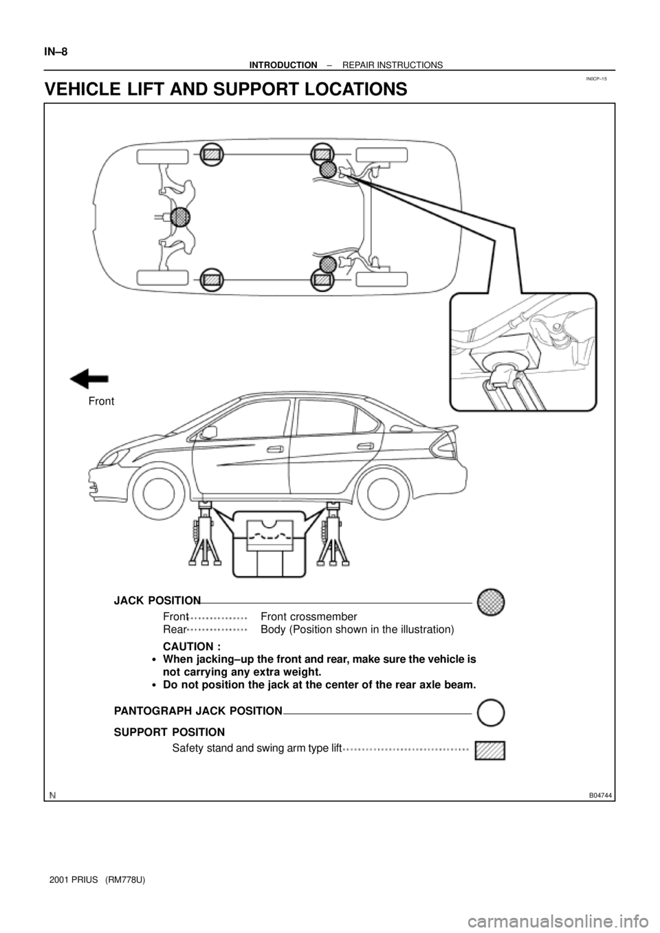 TOYOTA PRIUS 2001  Service Repair Manual IN0CP±15
B04744
Front
JACK POSITION
Front crossmember
Body (Position shown in the illustration)
CAUTION :
When jacking±up the front and rear, make sure the vehicle is
not carrying any extra weight.
