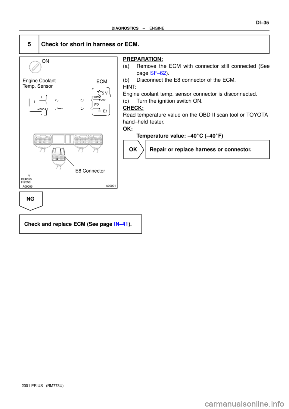 TOYOTA PRIUS 2001 Service Repair Manual A09085A09091
ON
Engine Coolant
Temp. Sensor
E8 Connector
ECM
5 V
E2THW
E1
± DIAGNOSTICSENGINE
DI±35
2001 PRIUS (RM778U)
5 Check for short in harness or ECM.
PREPARATION:
(a) Remove the ECM with co TOYOTA PRIUS 2001 Service Repair Manual A09085A09091
ON
Engine Coolant
Temp. Sensor
E8 Connector
ECM
5 V
E2THW
E1
± DIAGNOSTICSENGINE
DI±35
2001 PRIUS (RM778U)
5 Check for short in harness or ECM.
PREPARATION:
(a) Remove the ECM with co