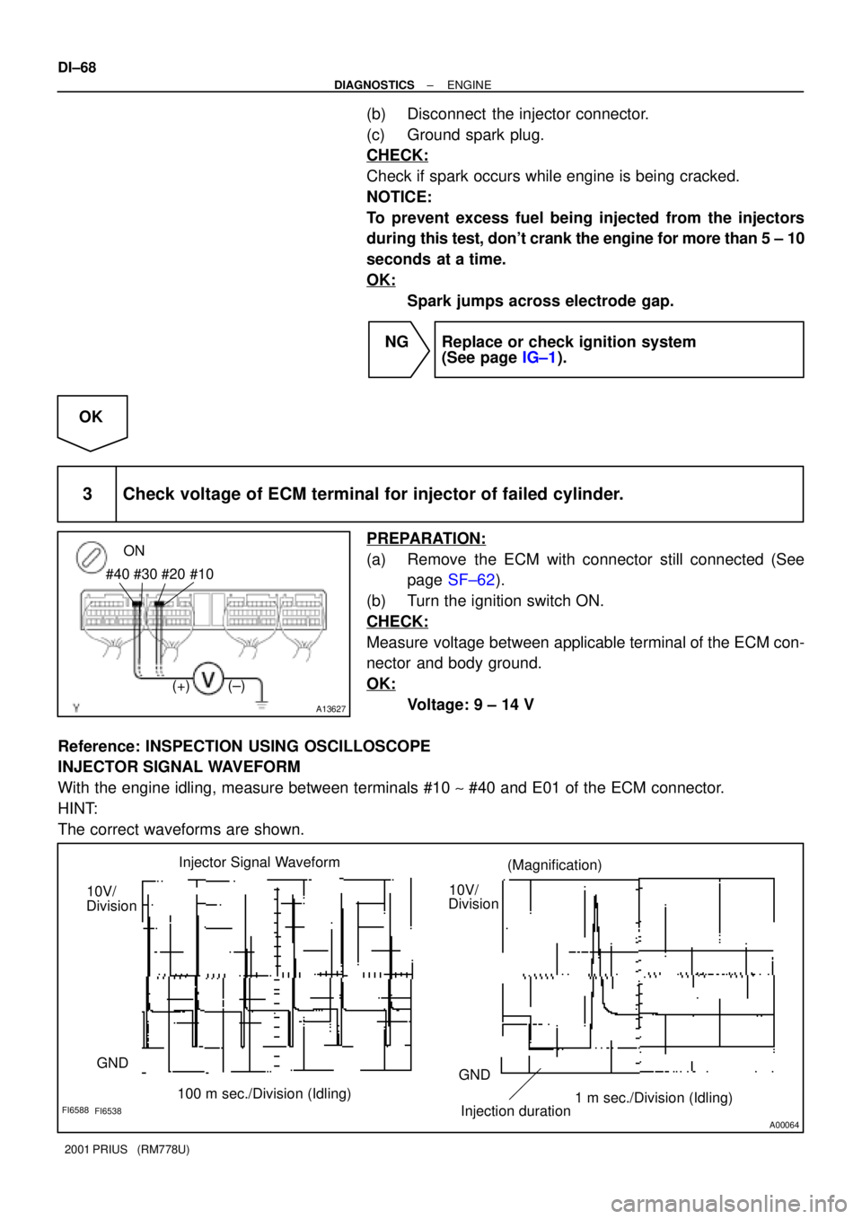 TOYOTA PRIUS 2001  Service Repair Manual A13627
ON
#10
(+) (±) #20 #30 #40
FI6588
FI6538
A00064
Injector Signal Waveform
10V/
Division
GND
100 m sec./Division (Idling)GND
Injection duration1 m sec./Division (Idling) 10V/
Division(Magnificat