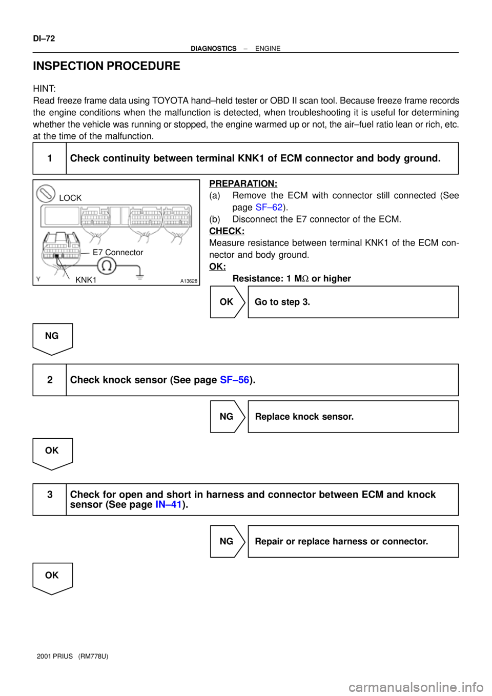 TOYOTA PRIUS 2001  Service Repair Manual A13628
E7 Connector LOCK
KNK1
DI±72
± DIAGNOSTICSENGINE
2001 PRIUS   (RM778U)
INSPECTION PROCEDURE
HINT:
Read freeze frame data using TOYOTA hand±held tester or OBD II scan tool. Because freeze fra