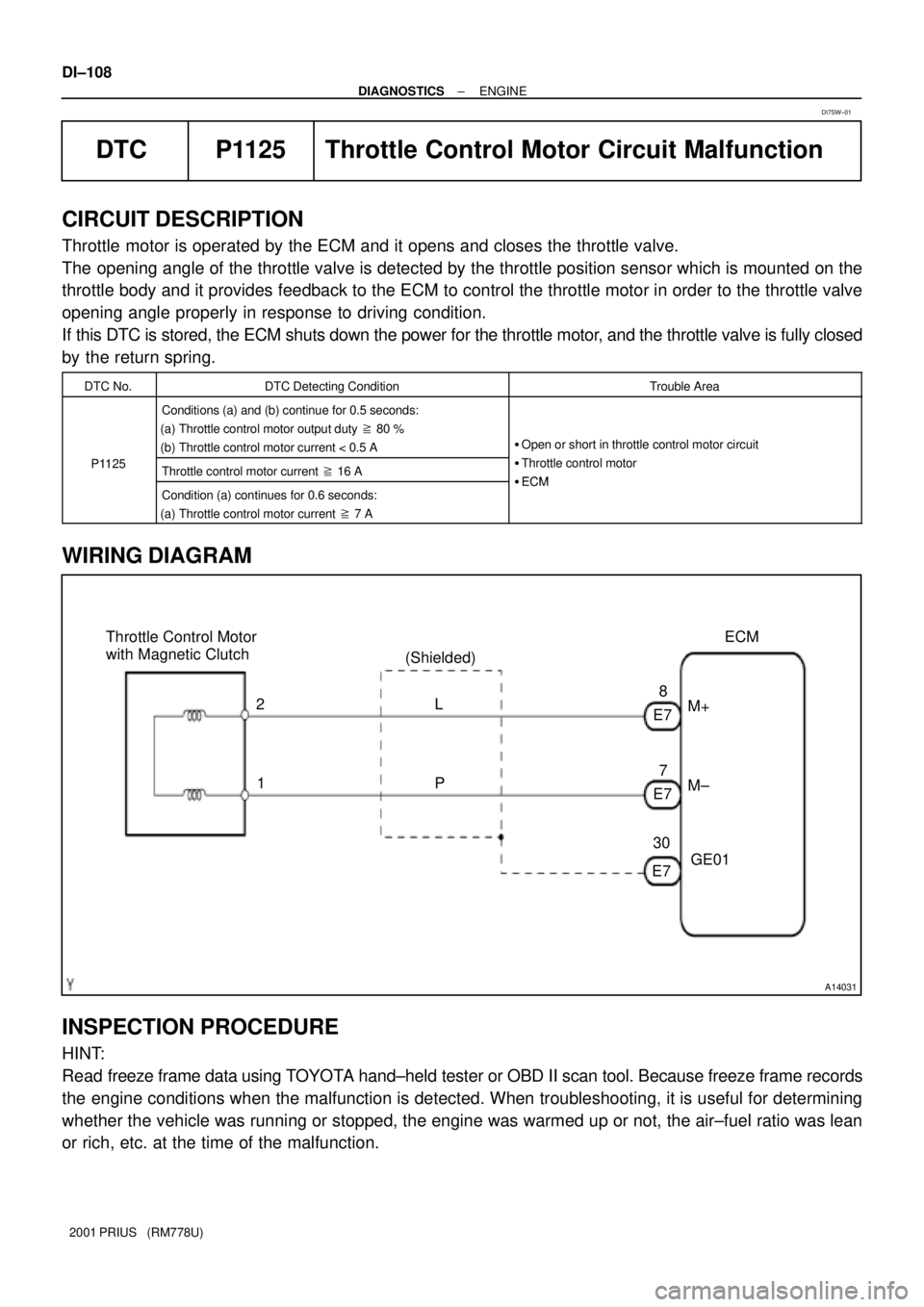 TOYOTA PRIUS 2001 Service Repair Manual A14031
Throttle Control Motor
with Magnetic ClutchECM
(Shielded)
8
E7M+
7
E7M±
30
E7GE01 L
P 2
1 DI±108
± DIAGNOSTICSENGINE
2001 PRIUS (RM778U)
DTC P1125 Throttle Control Motor Circuit Malfunctio TOYOTA PRIUS 2001 Service Repair Manual A14031
Throttle Control Motor
with Magnetic ClutchECM
(Shielded)
8
E7M+
7
E7M±
30
E7GE01 L
P 2
1 DI±108
± DIAGNOSTICSENGINE
2001 PRIUS (RM778U)
DTC P1125 Throttle Control Motor Circuit Malfunctio