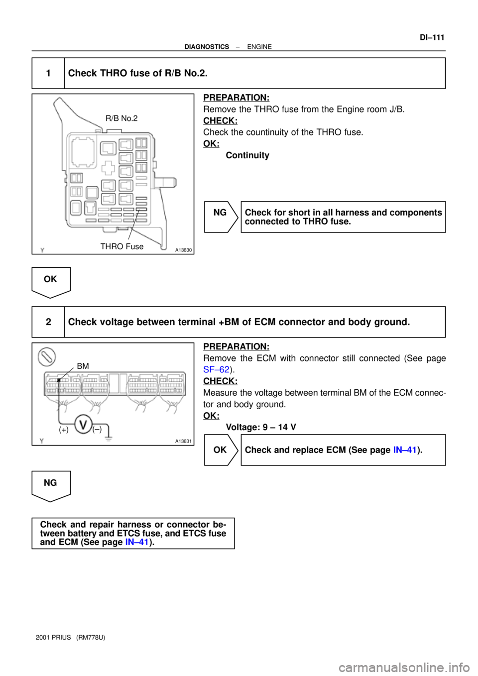 TOYOTA PRIUS 2001 Service Repair Manual A13630THRO FuseR/B No.2
A13631
BM
(+)(±)
± DIAGNOSTICSENGINE
DI±111
2001 PRIUS (RM778U)
1 Check THRO fuse of R/B No.2.
PREPARATION:
Remove the THRO fuse from the Engine room J/B.
CHECK:
Check the TOYOTA PRIUS 2001 Service Repair Manual A13630THRO FuseR/B No.2
A13631
BM
(+)(±)
± DIAGNOSTICSENGINE
DI±111
2001 PRIUS (RM778U)
1 Check THRO fuse of R/B No.2.
PREPARATION:
Remove the THRO fuse from the Engine room J/B.
CHECK:
Check the