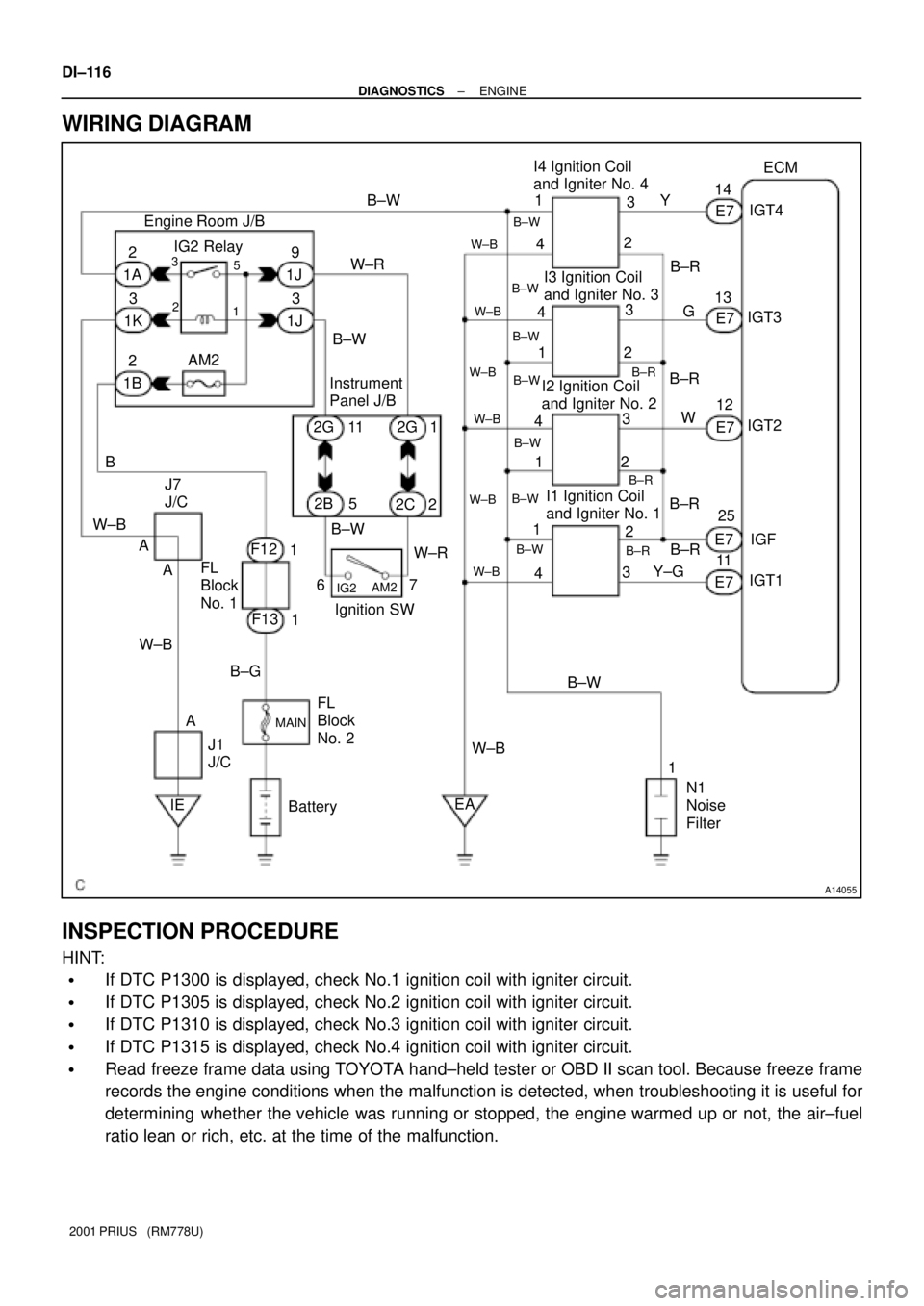 TOYOTA PRIUS 2001 Service Repair Manual A14055
BatteryEAN1
Noise
Filter Engine Room J/B
Ignition SW Instrument
Panel J/B3
B±R I4 Ignition Coil
and Igniter No. 4
1ECM
14
Y
E7
E7
E7
E7 13
12
25IGT4
IGT3
IGT2
IGF
E711
IGT1 1
2
4
G
W
B±R
B± TOYOTA PRIUS 2001 Service Repair Manual A14055
BatteryEAN1
Noise
Filter Engine Room J/B
Ignition SW Instrument
Panel J/B3
B±R I4 Ignition Coil
and Igniter No. 4
1ECM
14
Y
E7
E7
E7
E7 13
12
25IGT4
IGT3
IGT2
IGF
E711
IGT1 1
2
4
G
W
B±R
B±