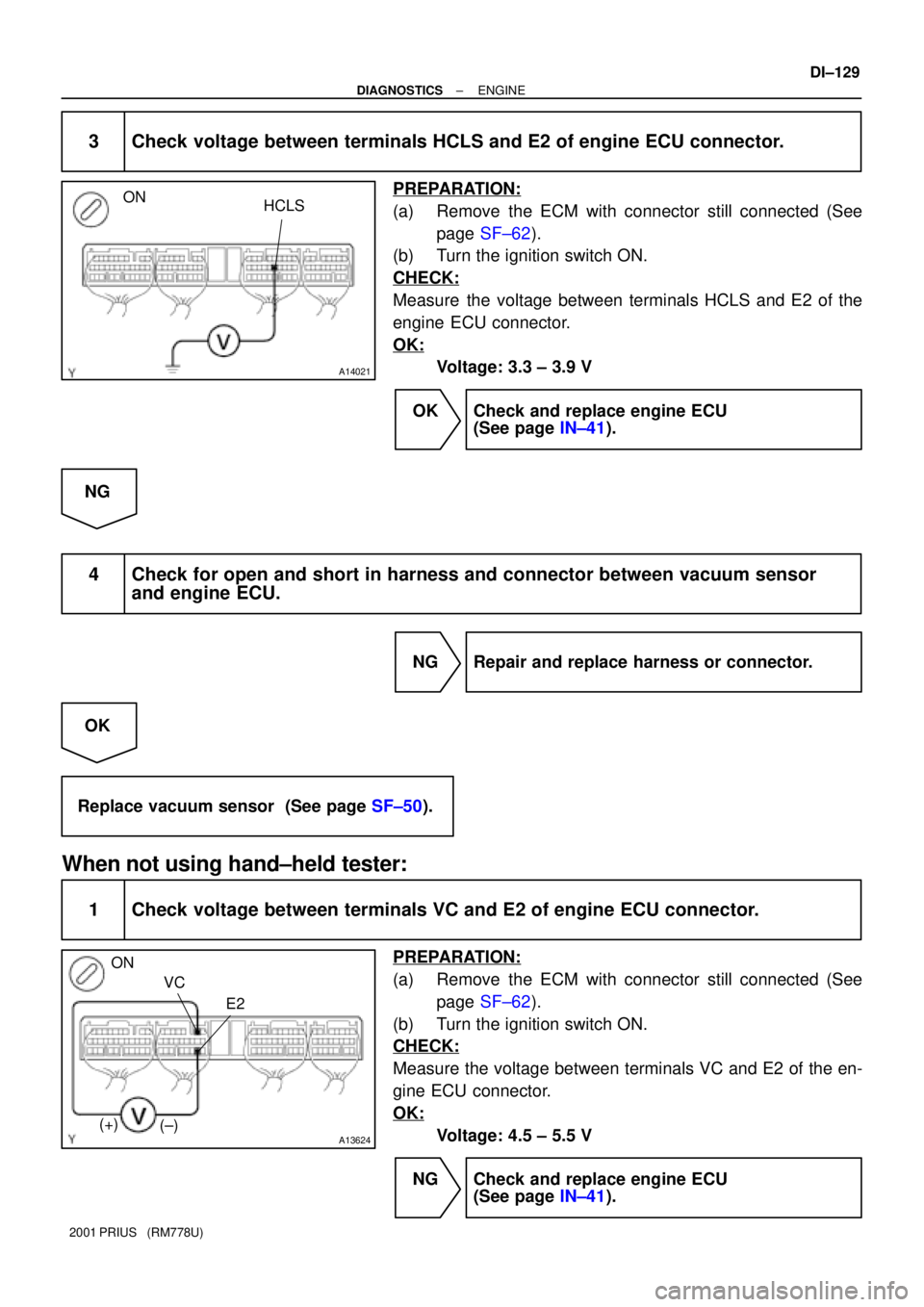 TOYOTA PRIUS 2001 Service Repair Manual A14021
HCLSON
A13624
E2 VC ON
(+)
(±)
± DIAGNOSTICSENGINE
DI±129
2001 PRIUS (RM778U)
3 Check voltage between terminals HCLS and E2 of engine ECU connector.
PREPARATION:
(a) Remove the ECM with co TOYOTA PRIUS 2001 Service Repair Manual A14021
HCLSON
A13624
E2 VC ON
(+)
(±)
± DIAGNOSTICSENGINE
DI±129
2001 PRIUS (RM778U)
3 Check voltage between terminals HCLS and E2 of engine ECU connector.
PREPARATION:
(a) Remove the ECM with co