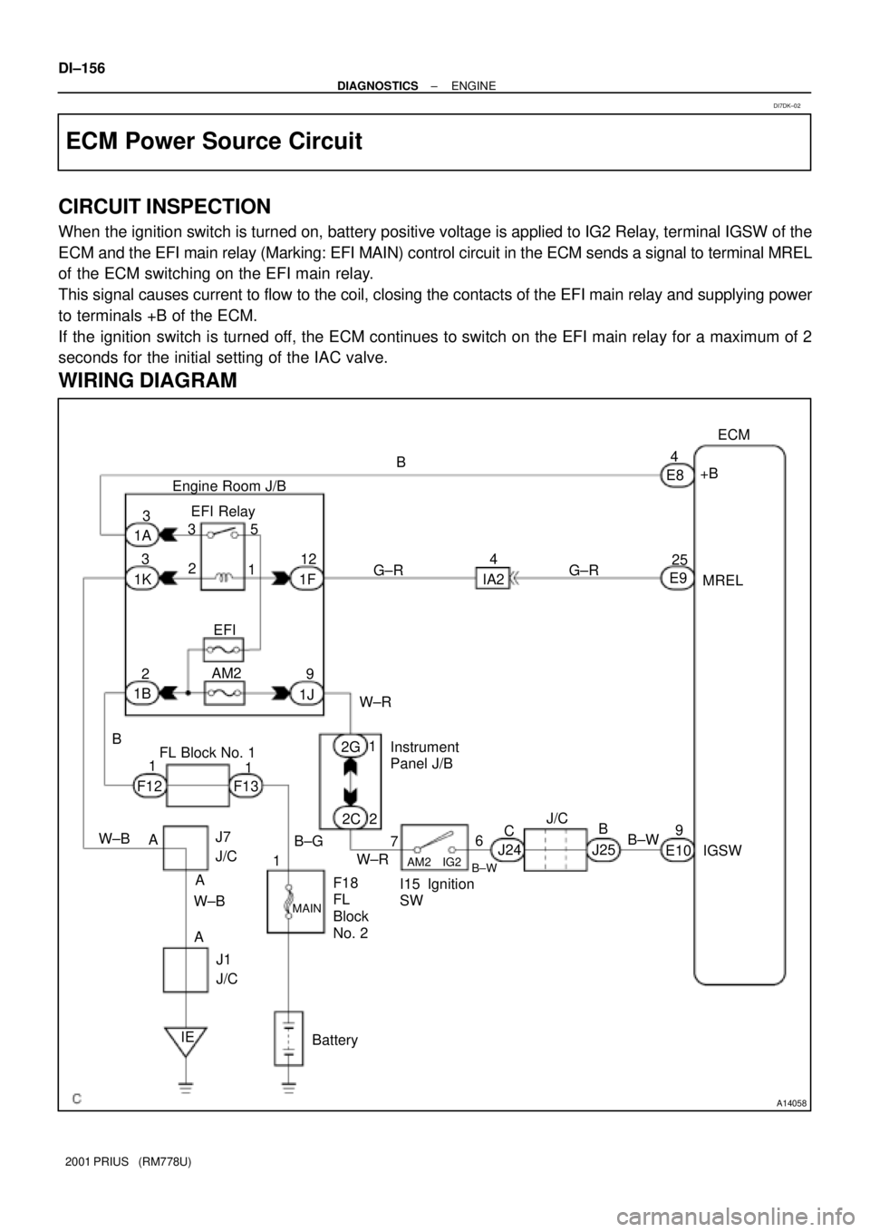 TOYOTA PRIUS 2001 Service Repair Manual A14058
ECM
+B 4
E8
BatteryW±RG±R
MREL 25 EFI Relay
I15 Ignition
SW EFI
IGSW 6
IE 1B35
AM2E9
J24 J25
J1
J/CE10 B
9 3
B
2C1 2
2G
24
A F121 3
1K 1F12 1A
1J 2
7 1
W±BW±R
B±W
B±G Engine Room J/B
F18 TOYOTA PRIUS 2001 Service Repair Manual A14058
ECM
+B 4
E8
BatteryW±RG±R
MREL 25 EFI Relay
I15 Ignition
SW EFI
IGSW 6
IE 1B35
AM2E9
J24 J25
J1
J/CE10 B
9 3
B
2C1 2
2G
24
A F121 3
1K 1F12 1A
1J 2
7 1
W±BW±R
B±W
B±G Engine Room J/B
F18