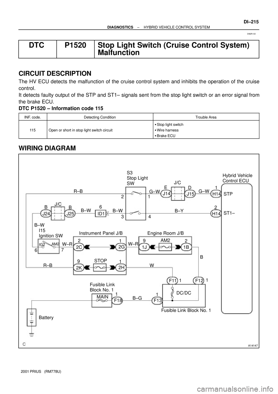 TOYOTA PRIUS 2001 Service Repair Manual A14147
H14Hybrid Vehicle
Control ECU
H14
BatteryMAIN
B±G1 1
F1811 1
111
F13 2
3
2
2 Engine Room J/BSTP
ST1± G±W
J15 E
2 J14D J/C
G±W S3
Stop Light
SW
R±B
R±B4B±Y B±W B±W B
B
J24 J25 ID1J/C TOYOTA PRIUS 2001 Service Repair Manual A14147
H14Hybrid Vehicle
Control ECU
H14
BatteryMAIN
B±G1 1
F1811 1
111
F13 2
3
2
2 Engine Room J/BSTP
ST1± G±W
J15 E
2 J14D J/C
G±W S3
Stop Light
SW
R±B
R±B4B±Y B±W B±W B
B
J24 J25 ID1J/C