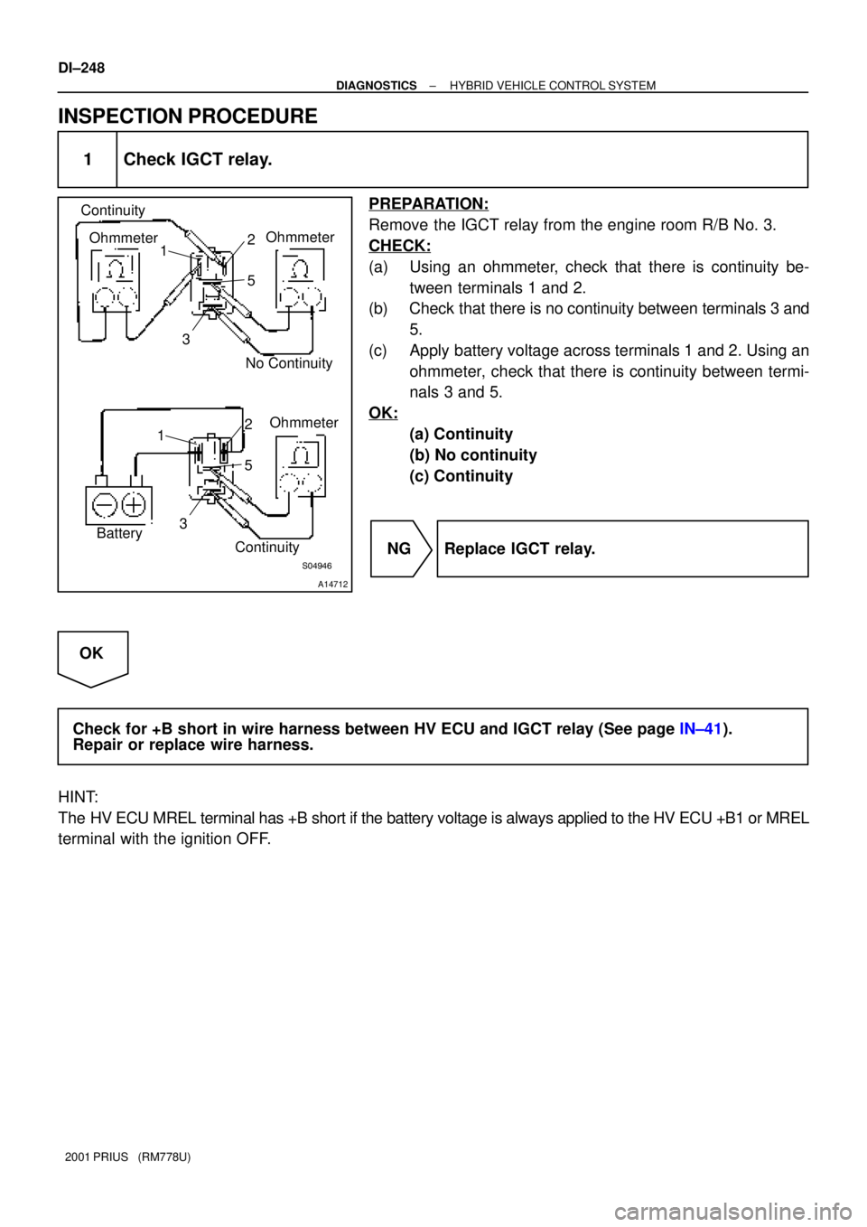 TOYOTA PRIUS 2001 Service Repair Manual S04947S04946
A14712
12
35
12
35
Ohmmeter
Battery Continuity
Ohmmeter
Ohmmeter
ContinuityNo Continuity
DI±248
± DIAGNOSTICSHYBRID VEHICLE CONTROL SYSTEM
2001 PRIUS (RM778U)
INSPECTION PROCEDURE
1 C TOYOTA PRIUS 2001 Service Repair Manual S04947S04946
A14712
12
35
12
35
Ohmmeter
Battery Continuity
Ohmmeter
Ohmmeter
ContinuityNo Continuity
DI±248
± DIAGNOSTICSHYBRID VEHICLE CONTROL SYSTEM
2001 PRIUS (RM778U)
INSPECTION PROCEDURE
1 C