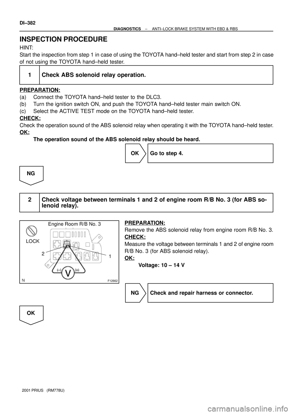 TOYOTA PRIUS 2001 Service Repair Manual F12662
LOCK
1 2
Engine Room R/B No. 3
DI±382
± DIAGNOSTICSANTI±LOCK BRAKE SYSTEM WITH EBD & RBS
2001 PRIUS (RM778U)
INSPECTION PROCEDURE
HINT:
Start the inspection from step 1 in case of using th TOYOTA PRIUS 2001 Service Repair Manual F12662
LOCK
1 2
Engine Room R/B No. 3
DI±382
± DIAGNOSTICSANTI±LOCK BRAKE SYSTEM WITH EBD & RBS
2001 PRIUS (RM778U)
INSPECTION PROCEDURE
HINT:
Start the inspection from step 1 in case of using th