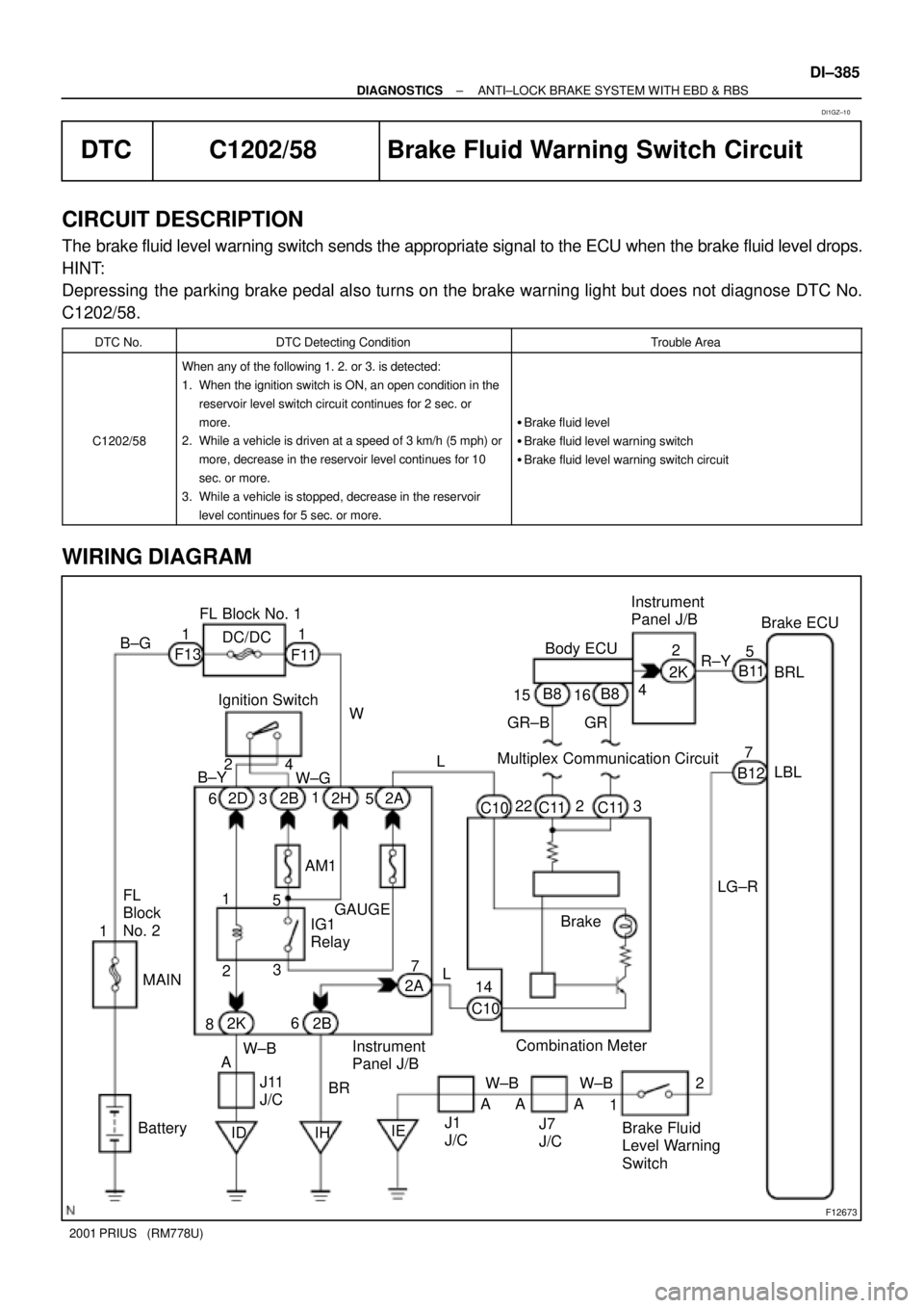TOYOTA PRIUS 2001 Service Repair Manual F12673
B±G
F111
L4 Instrument
Panel J/B
DC/DC FL Block No. 1
3
Brake
Combination Meter
W±B
Brake Fluid
Level Warning
Switch7Brake ECU
LBL
C11
J7
J/C AM1162K
IE 2A
ID22B11
WR±Y
MAINLG±R
12
14
A TOYOTA PRIUS 2001 Service Repair Manual F12673
B±G
F111
L4 Instrument
Panel J/B
DC/DC FL Block No. 1
3
Brake
Combination Meter
W±B
Brake Fluid
Level Warning
Switch7Brake ECU
LBL
C11
J7
J/C AM1162K
IE 2A
ID22B11
WR±Y
MAINLG±R
12
14
A