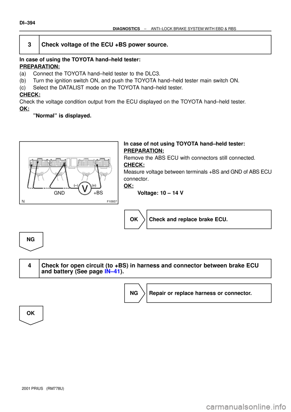 TOYOTA PRIUS 2001 Service Repair Manual F10937
GND+BS
DI±394
± DIAGNOSTICSANTI±LOCK BRAKE SYSTEM WITH EBD & RBS
2001 PRIUS (RM778U)
3 Check voltage of the ECU +BS power source.
In case of using the TOYOTA hand±held tester:
PREPARATION TOYOTA PRIUS 2001 Service Repair Manual F10937
GND+BS
DI±394
± DIAGNOSTICSANTI±LOCK BRAKE SYSTEM WITH EBD & RBS
2001 PRIUS (RM778U)
3 Check voltage of the ECU +BS power source.
In case of using the TOYOTA hand±held tester:
PREPARATION