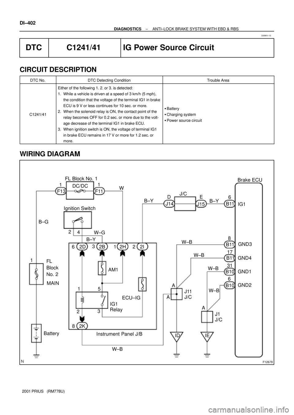 TOYOTA PRIUS 2001 Service Repair Manual F12678
Ignition SwitchFL Block No. 1
BatteryB±Y
2 4
W±B
W±B
W±B J15
6 1
IG1
GND3
GND1 GND4 DC/DC
AM1
ECU±IG
IDJ/C
A
A AW±B
GND2
B10 F131
12
2B 1 B±G
IEBrake ECU
817 W±GW
Instrument Panel J/B31 TOYOTA PRIUS 2001 Service Repair Manual F12678
Ignition SwitchFL Block No. 1
BatteryB±Y
2 4
W±B
W±B
W±B J15
6 1
IG1
GND3
GND1 GND4 DC/DC
AM1
ECU±IG
IDJ/C
A
A AW±B
GND2
B10 F131
12
2B 1 B±G
IEBrake ECU
817 W±GW
Instrument Panel J/B31