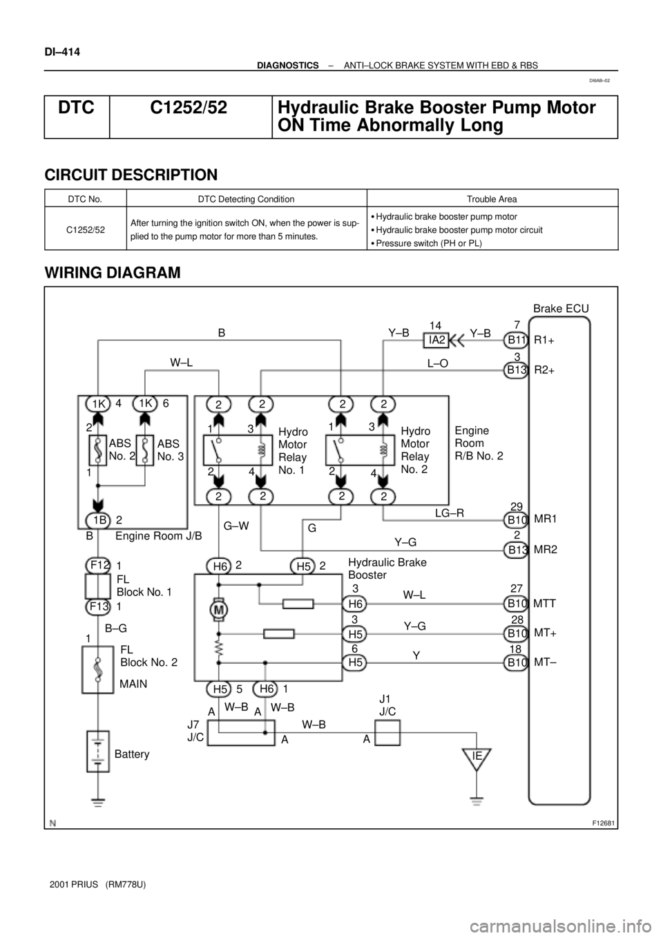 TOYOTA PRIUS 2001 Service Repair Manual F12681
Brake ECU
B2
2 6
AA 1
1 ABS
No. 2
Engine Room J/B22
2 2
22
14
22
Y 1
3 FL
Block No. 12
2
J1
J/CL±O
5IA2
LG±R
13R1+
R2+ Y±B
W±L F12
IE2 G±W W±L
Battery 1B
6
H6 H6
B±G 1K
Hydraulic Brake TOYOTA PRIUS 2001 Service Repair Manual F12681
Brake ECU
B2
2 6
AA 1
1 ABS
No. 2
Engine Room J/B22
2 2
22
14
22
Y 1
3 FL
Block No. 12
2
J1
J/CL±O
5IA2
LG±R
13R1+
R2+ Y±B
W±L F12
IE2 G±W W±L
Battery 1B
6
H6 H6
B±G 1K
Hydraulic Brake