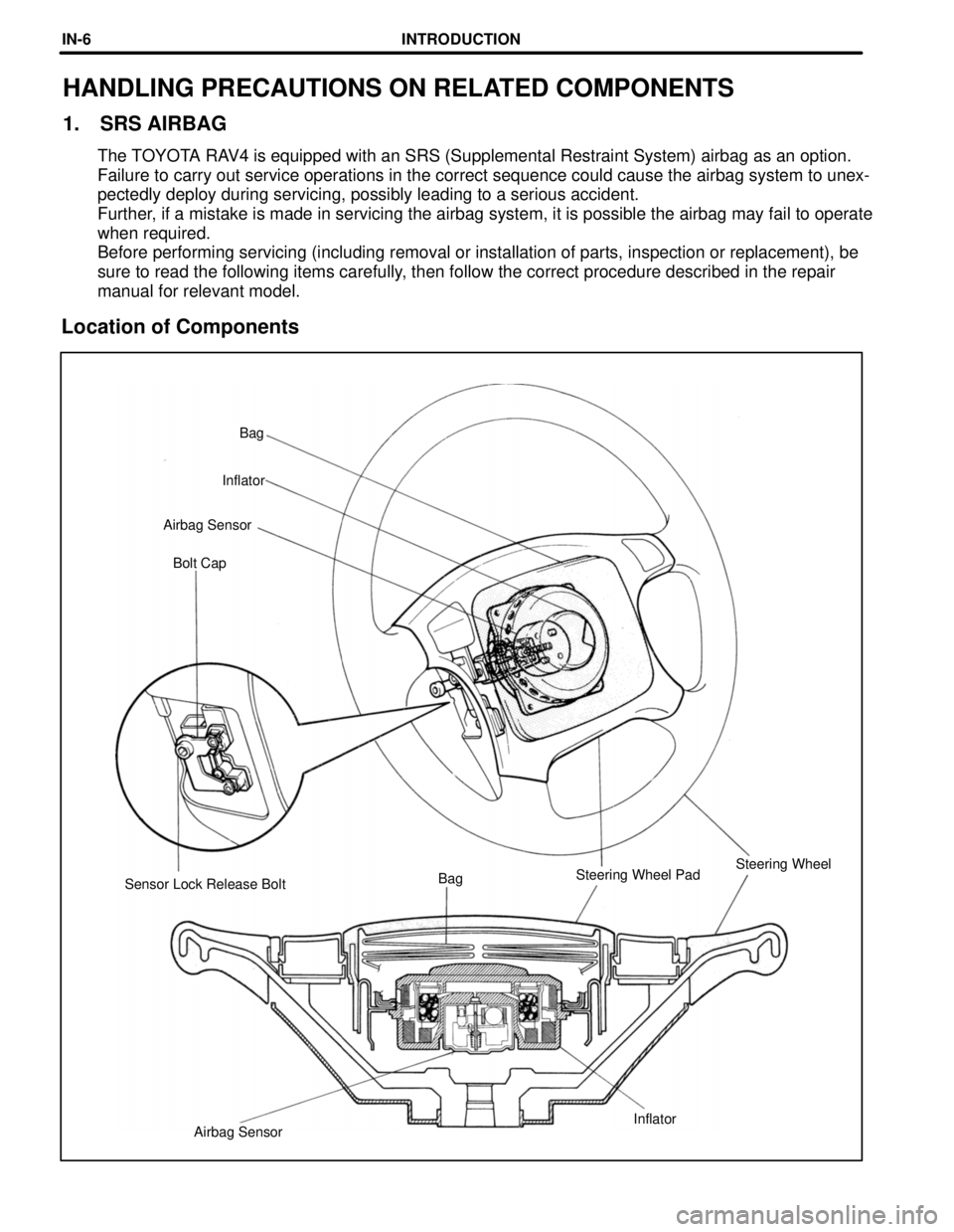 TOYOTA RAV4 1996 Service Repair Manual Airbag SensorInflator Sensor Lock Release BoltBagSteering Wheel PadSteering Wheel Bolt Cap Airbag SensorInflatorBag
HANDLING PRECAUTIONS ON RELATED COMPONENTS
1. SRS AIRBAG
The TOYOTA RAV4 is equipped TOYOTA RAV4 1996 Service Repair Manual Airbag SensorInflator Sensor Lock Release BoltBagSteering Wheel PadSteering Wheel Bolt Cap Airbag SensorInflatorBag
HANDLING PRECAUTIONS ON RELATED COMPONENTS
1. SRS AIRBAG
The TOYOTA RAV4 is equipped