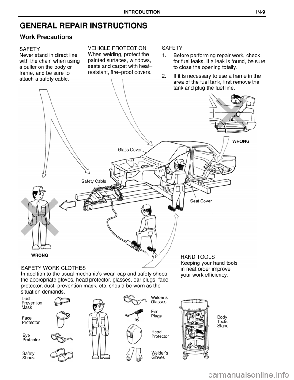 TOYOTA RAV4 1996 Service Repair Manual GENERAL REPAIR INSTRUCTIONS
Work Precautions
VEHICLE PROTECTION
When welding, protect the
painted surfaces, windows,
seats and carpet with heat-
resistant, fire-proof covers. SAFETY
Never stand in dir TOYOTA RAV4 1996 Service Repair Manual GENERAL REPAIR INSTRUCTIONS
Work Precautions
VEHICLE PROTECTION
When welding, protect the
painted surfaces, windows,
seats and carpet with heat-
resistant, fire-proof covers. SAFETY
Never stand in dir